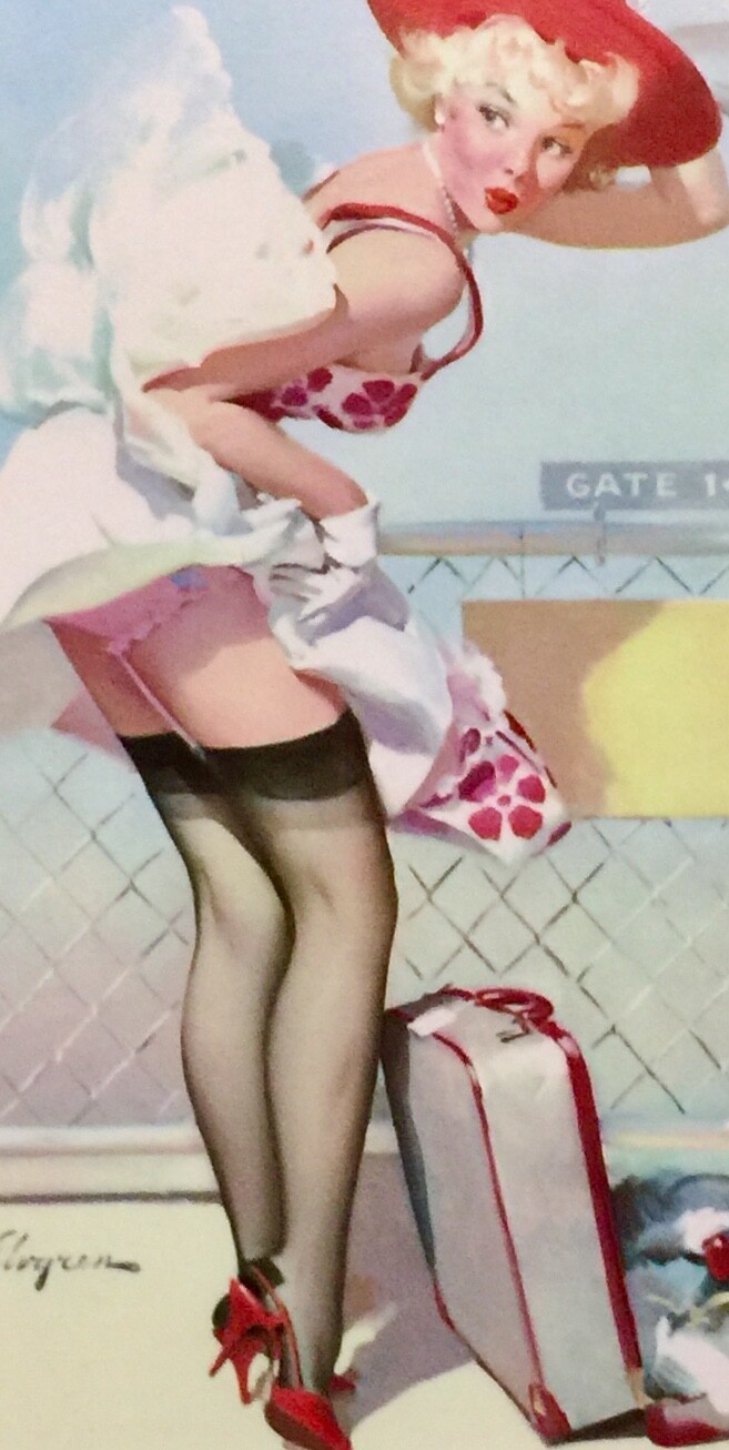 DORIS DAY Pinup Elvgren Original Painting UPSKIRT Pin-Up Stockings AIRPORT 1 of2