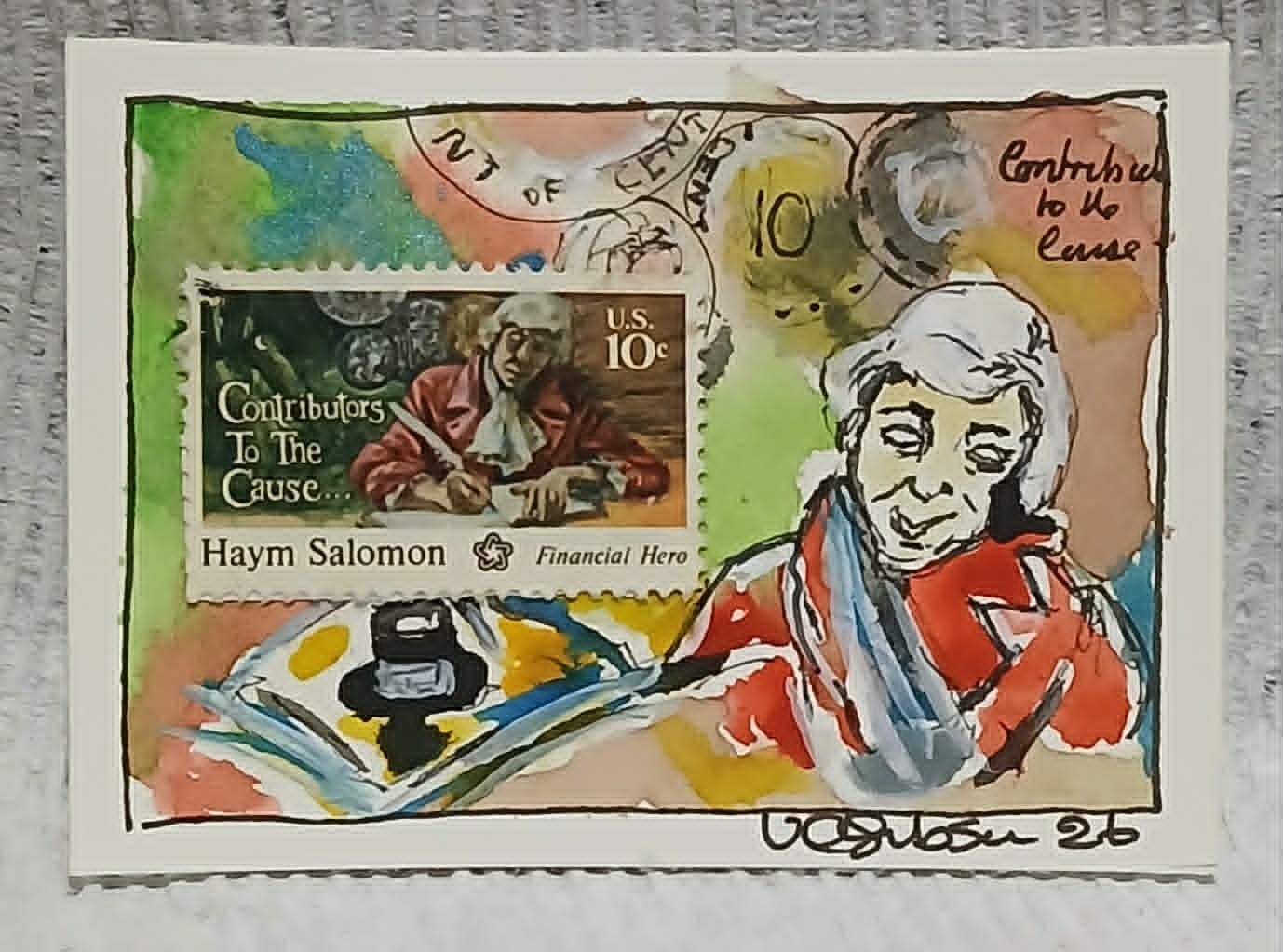 Haym Salomon 10¢ Stamp Postal Whimsy OOAK ACEO Mixed Media Watercolor Art