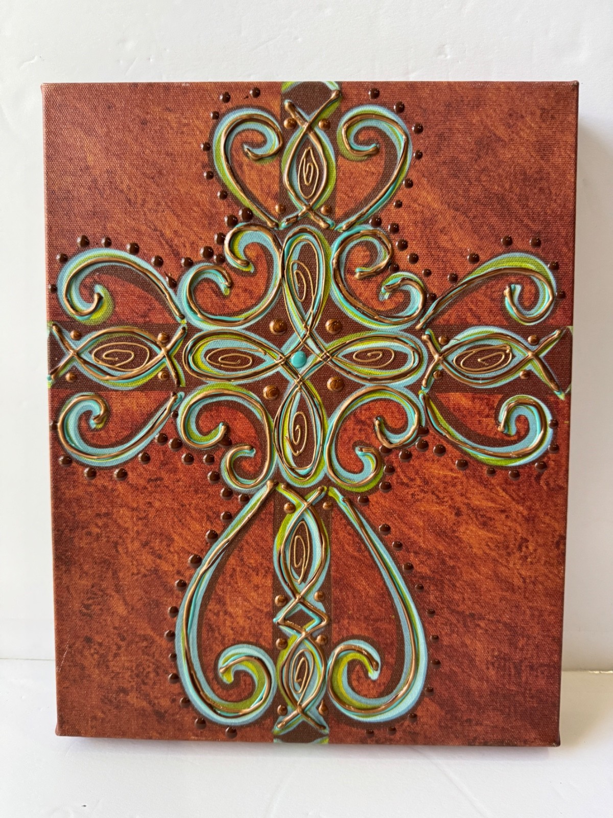 Canvas Painting Acrylic Art Cross Aqua / Copper / Gold – 11 x 14 x 1-1-3/4″