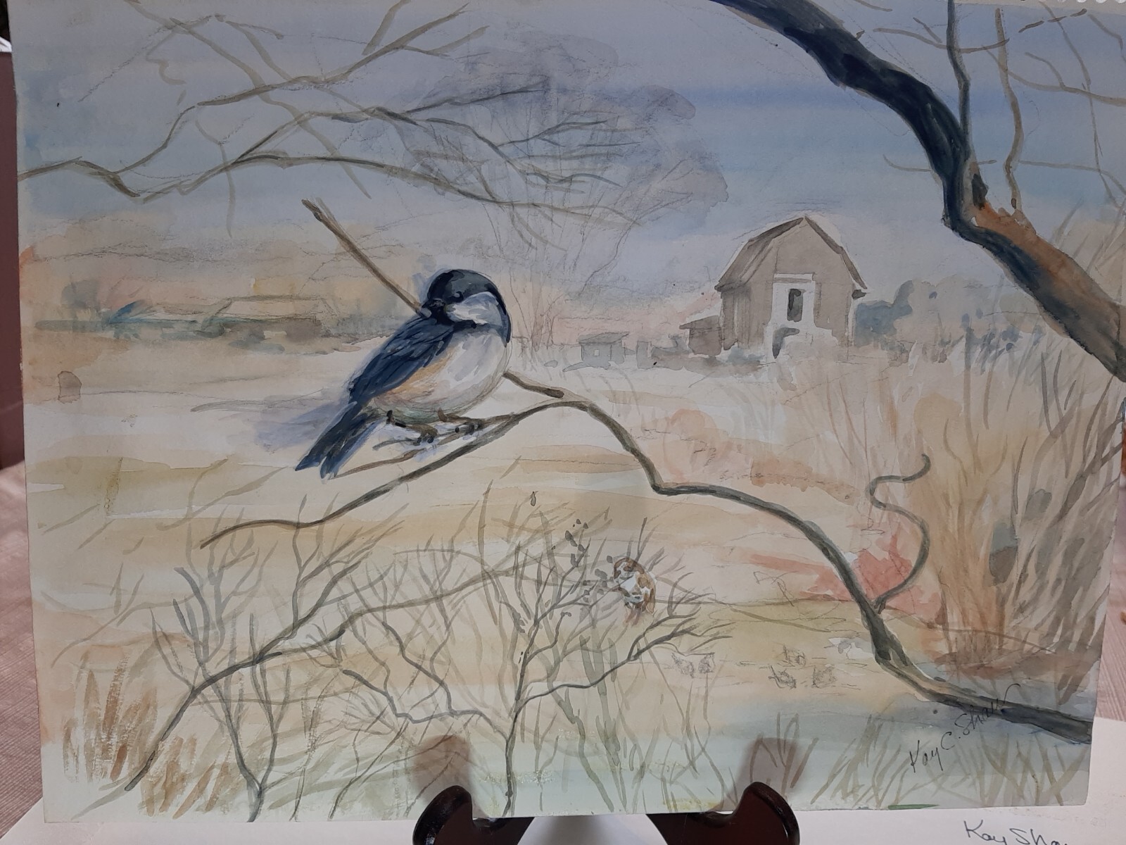 Orig Watercolor Landscape Chickadee at Fitts Hill KAY CHRISTIE SHAW, Scituate MA
