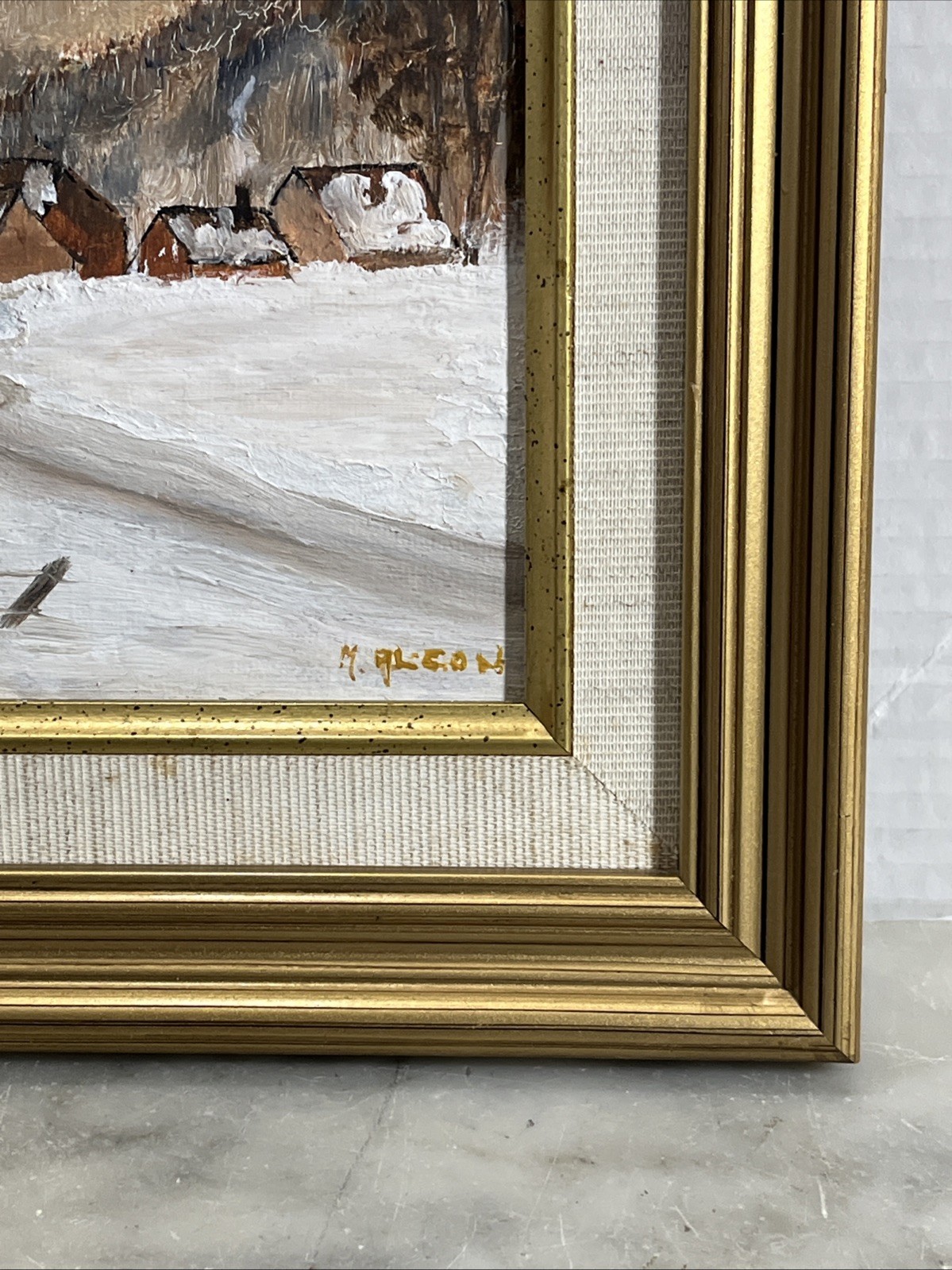 Framed Oil Painting Winter Snow Ice Scene Signed M. Alcon 10.5”x 9”