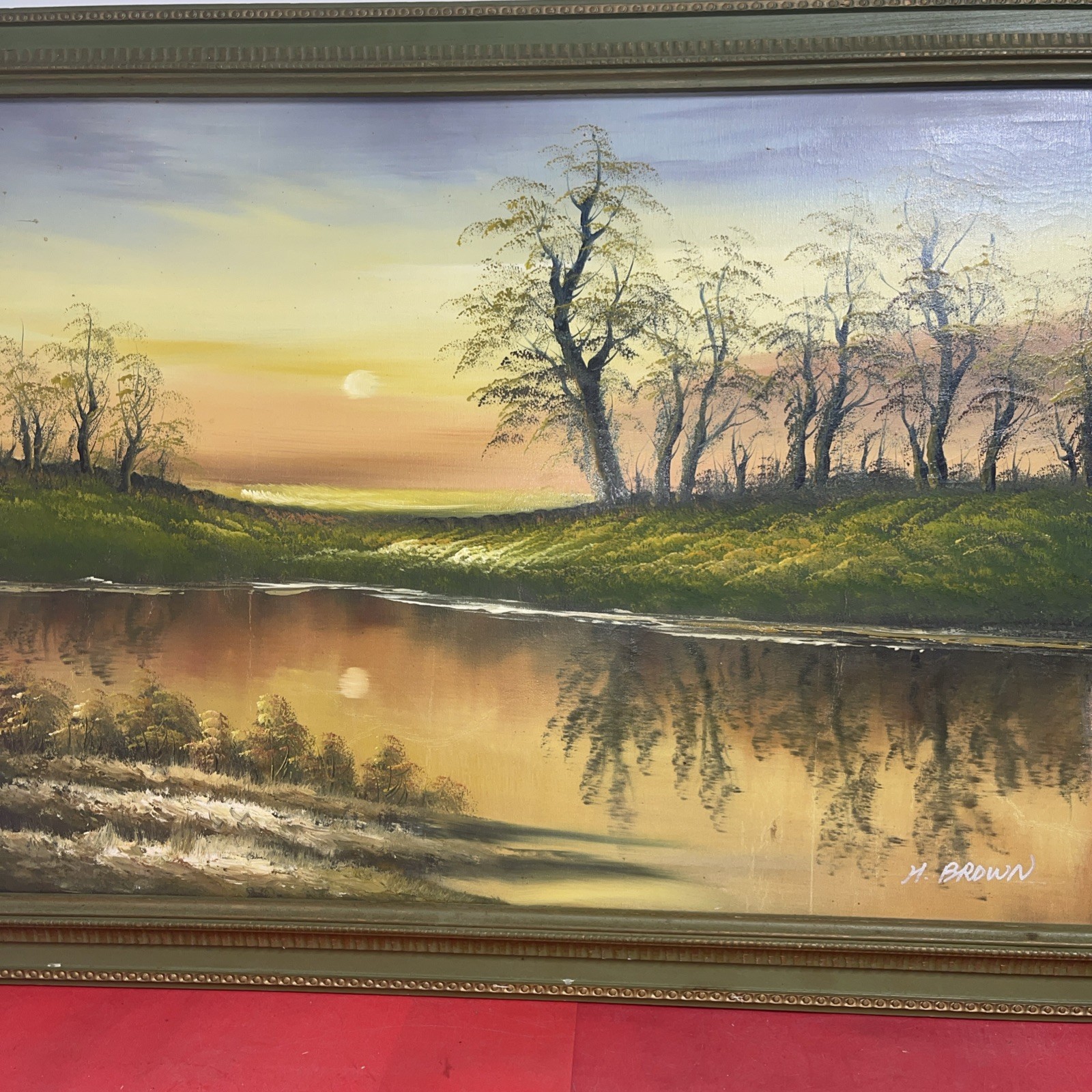 Vintage H. Brown Oil On Canvas Landscape Painting ART WORK Wood Frame 25”x36”