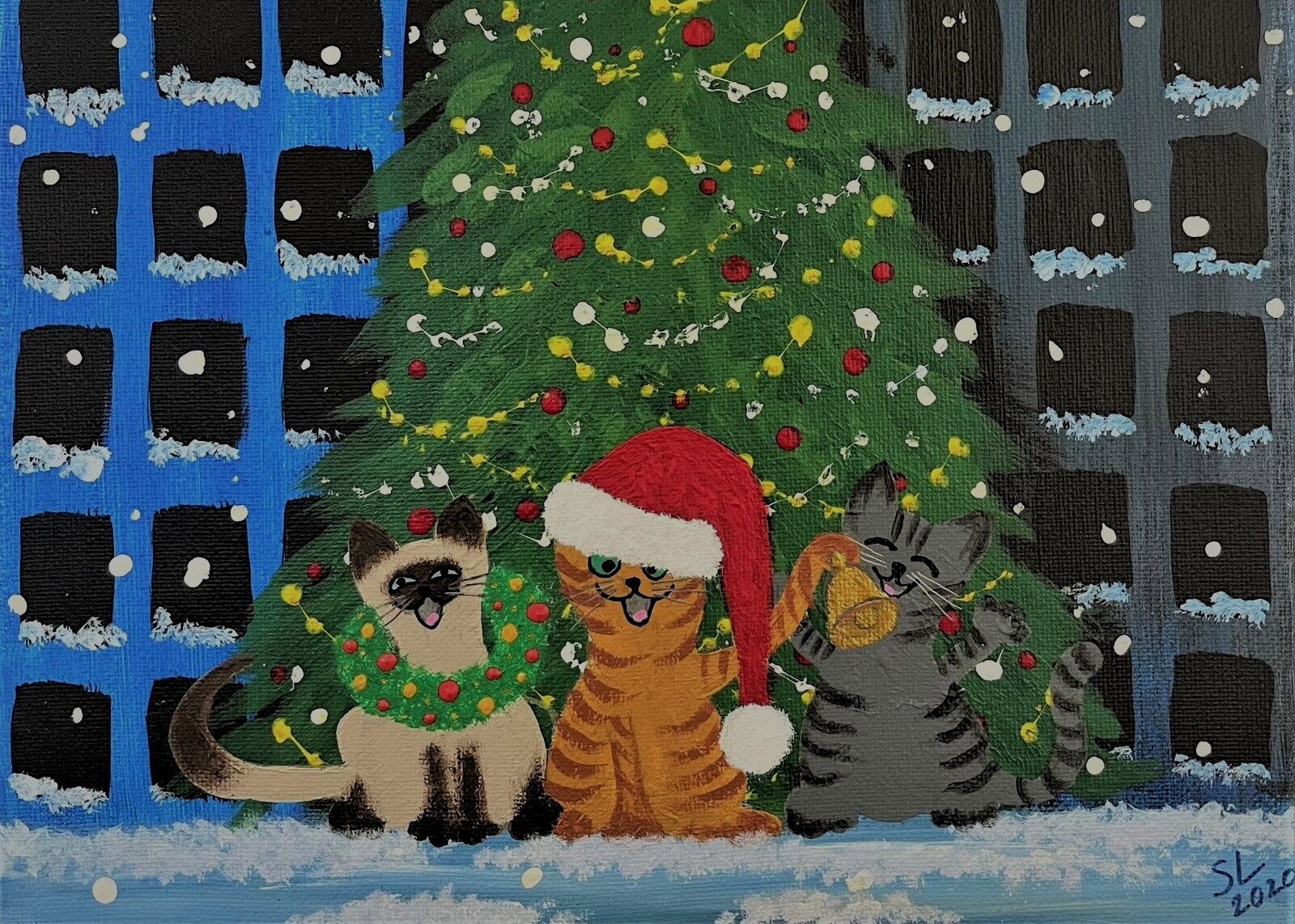 ACEO Mini *Art Print* 3 Cats & Holiday Christmas Tree New York Tiny by Saulite