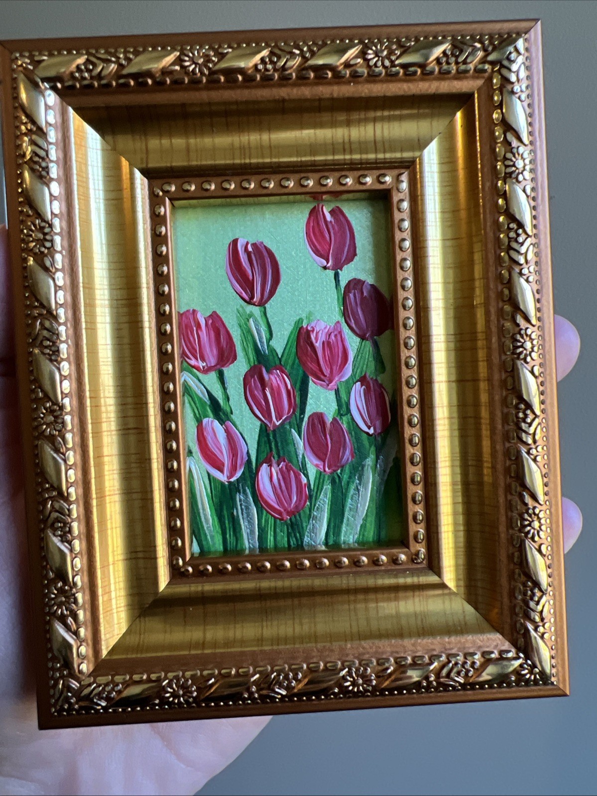 Red Tulips,flowers, original,miniature Painting,small,mini, Framed,wall Art #3