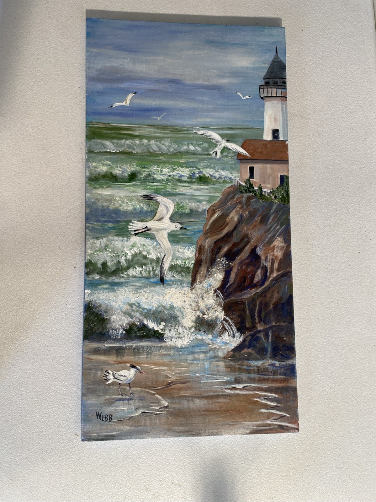 Seascape Lighthouse Acrylic Painting Signed WEBB Waves Crashing Rock Seagulls