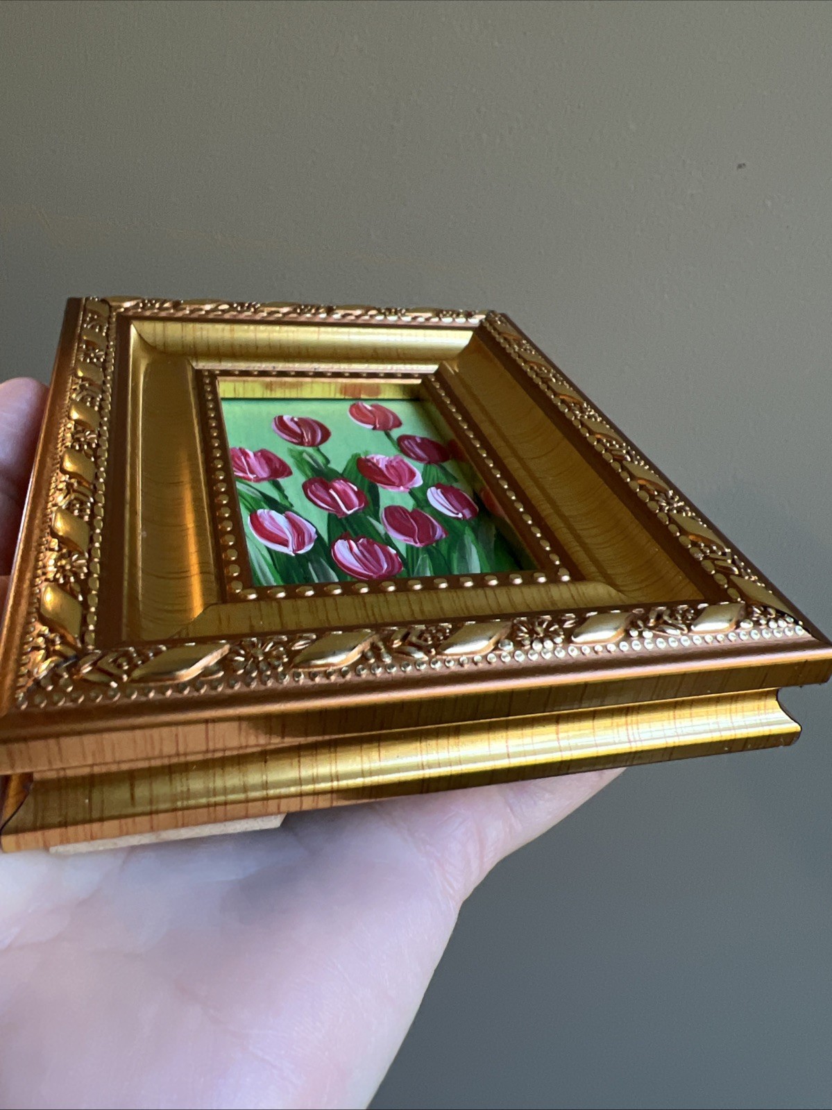 Red Tulips,flowers, original,miniature Painting,small,mini, Framed,wall Art #3