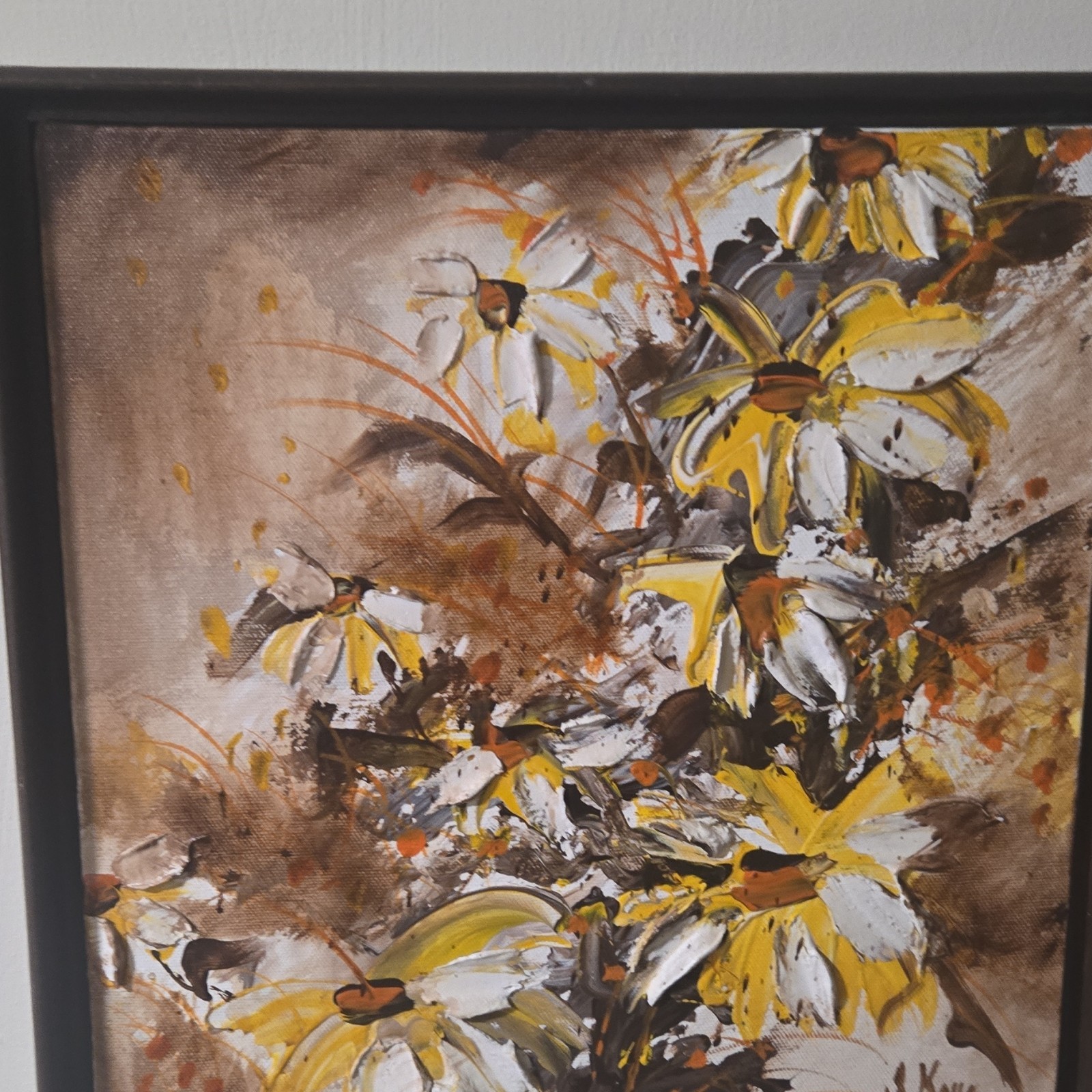A. King Abstract Floral Painting Yellow White Flowers Framed Signed Canvas