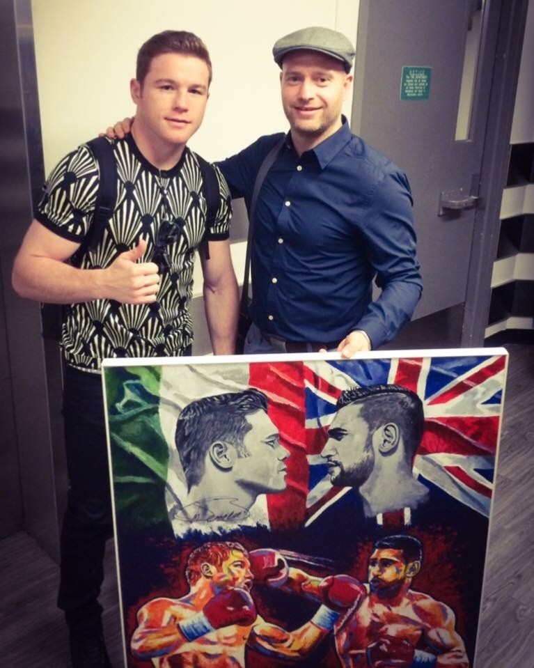 Signed Canelo Alvarez & Amir Khan painting Artist Pat Killian Boxing Collectible