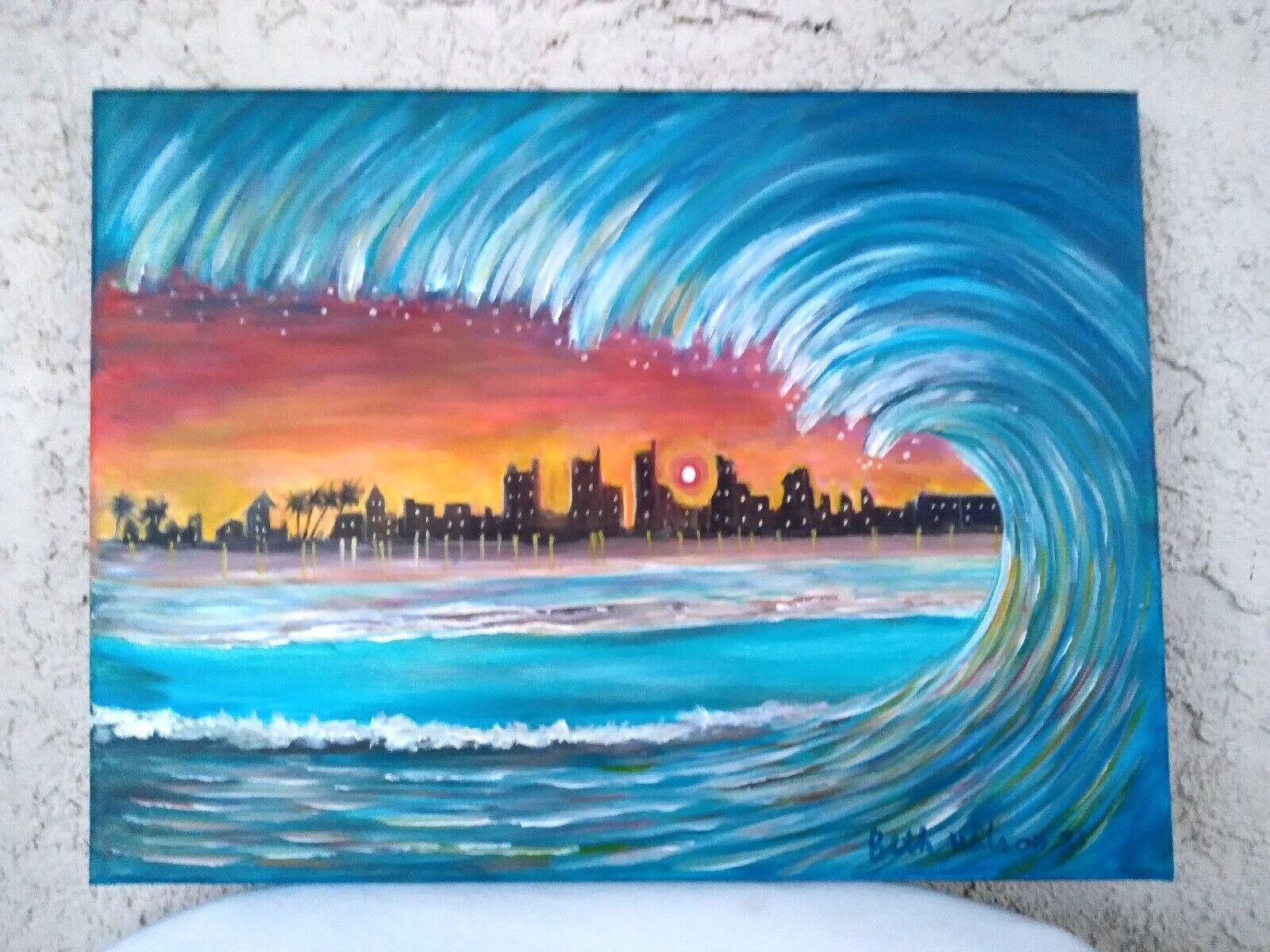 Original Hand Painting Sea Wave Seascape over City Seaside Coastal Art