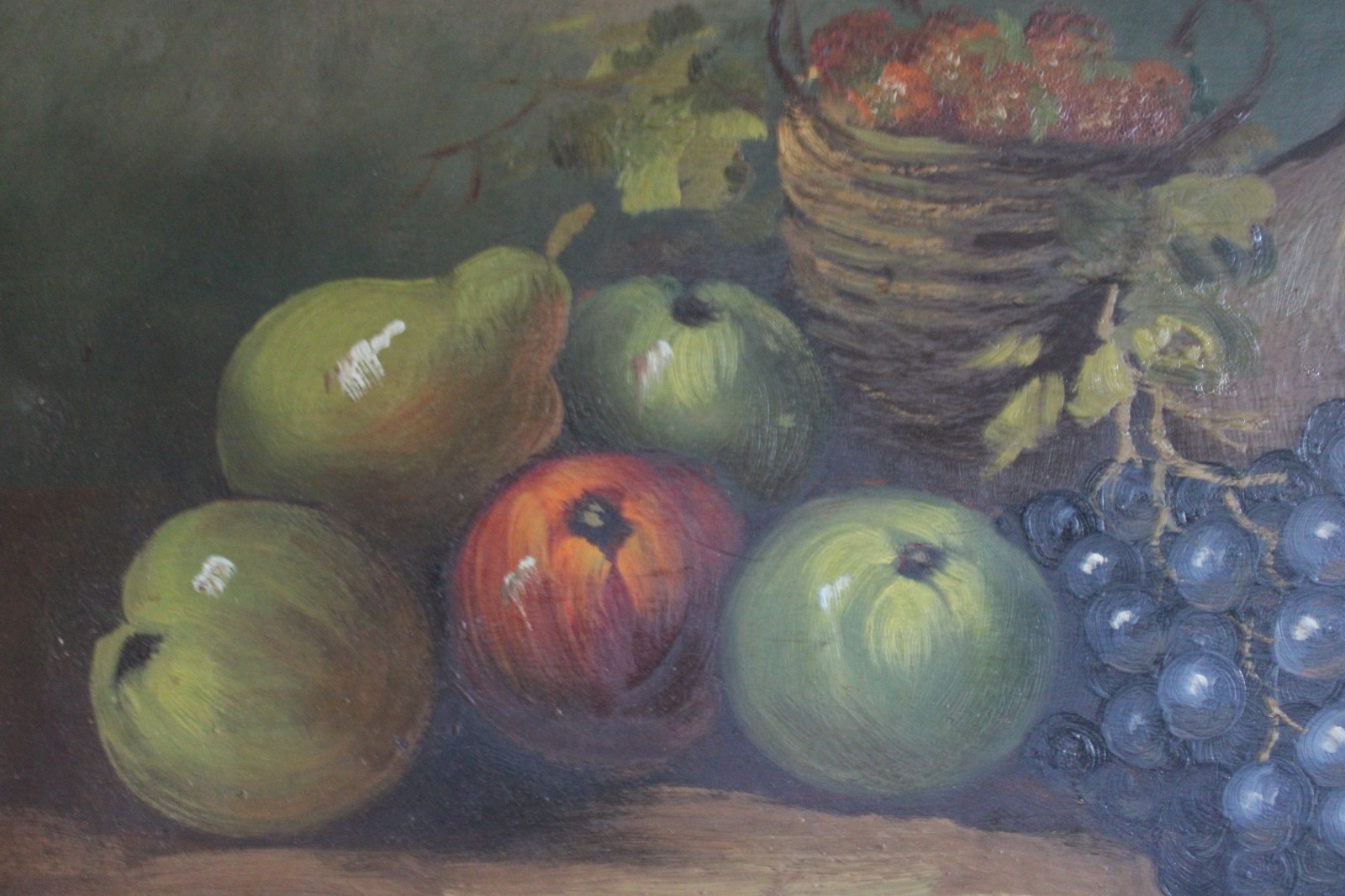 ANTIQUE STILL LIFE WINE HARVEST OIL PAINTING FRUIT SIGNED COUNTRY PRIMITIVE ORIG