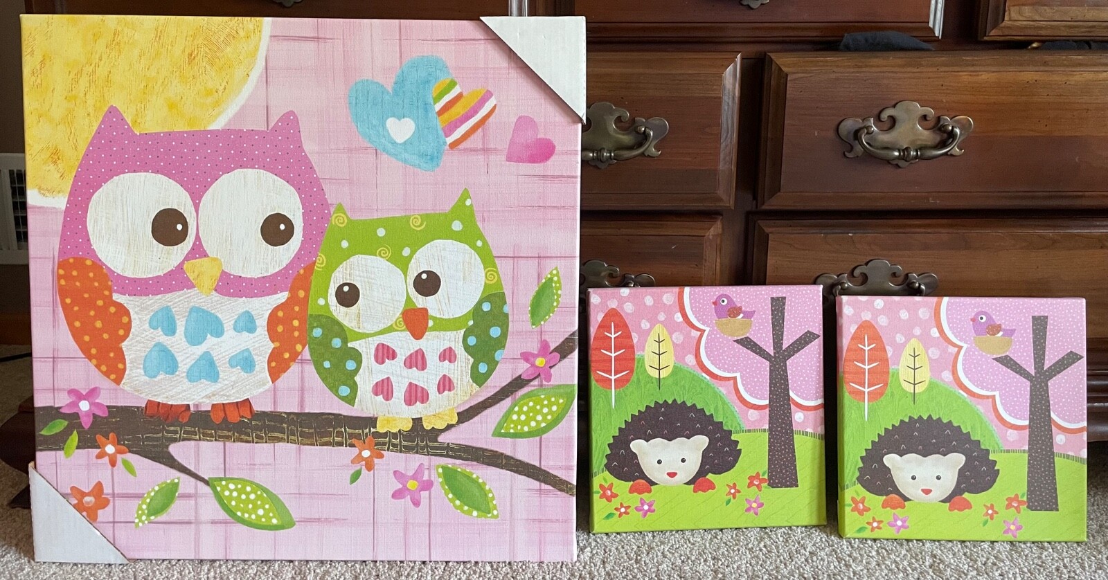 Lot – owl 21”x21”, 2 hedgehog & 1 Bird 10”x10” paintings on canvas by Lori Siebe