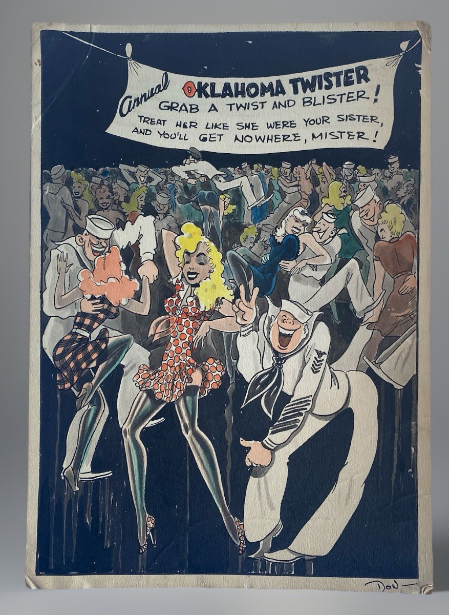 Original WWII 1940s Cartoon Style Pin-Up Art V-Day Sailors at Dance Hall