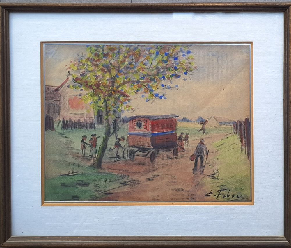 EDOUARD FEBVRE (1885-1967) WATERCOLOR SIGNED TRAILERS SUBURBAN GYPSIES circa1930