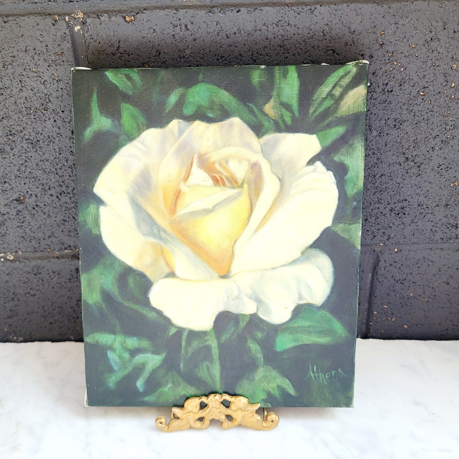 Small Original Oil Painting White Rose Flower On Canvas Artwork 9.75″ x 8″