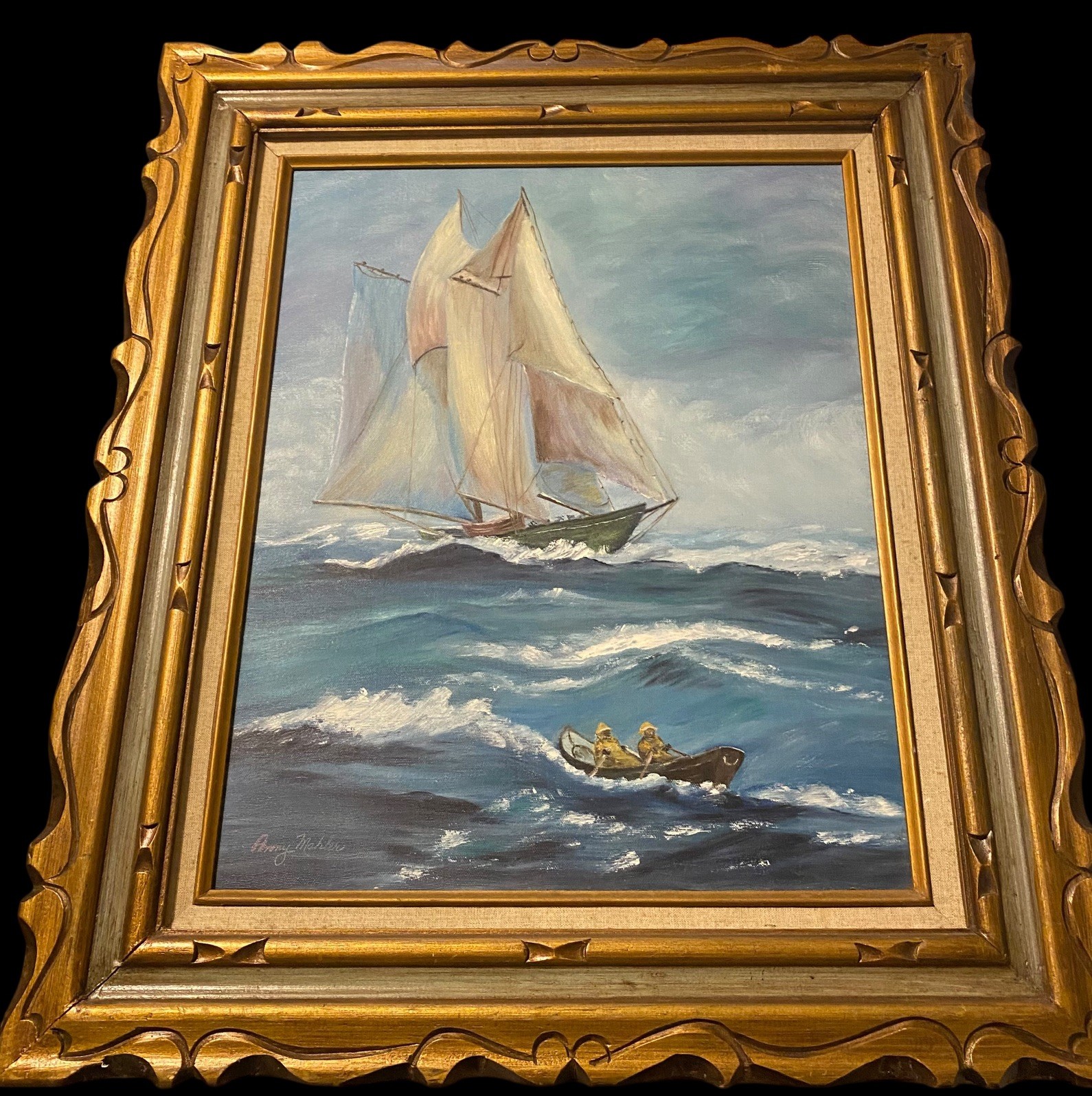 Sailboat Oil Painting Custom Framed 28” X 23.5” Signed Triple Matte Ornate
