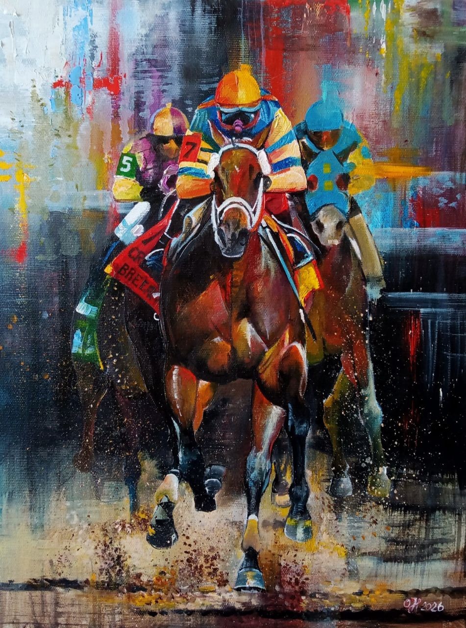 Original Oil Painting Horse Race Equestrian Sport Art Canvas 40×30 cm