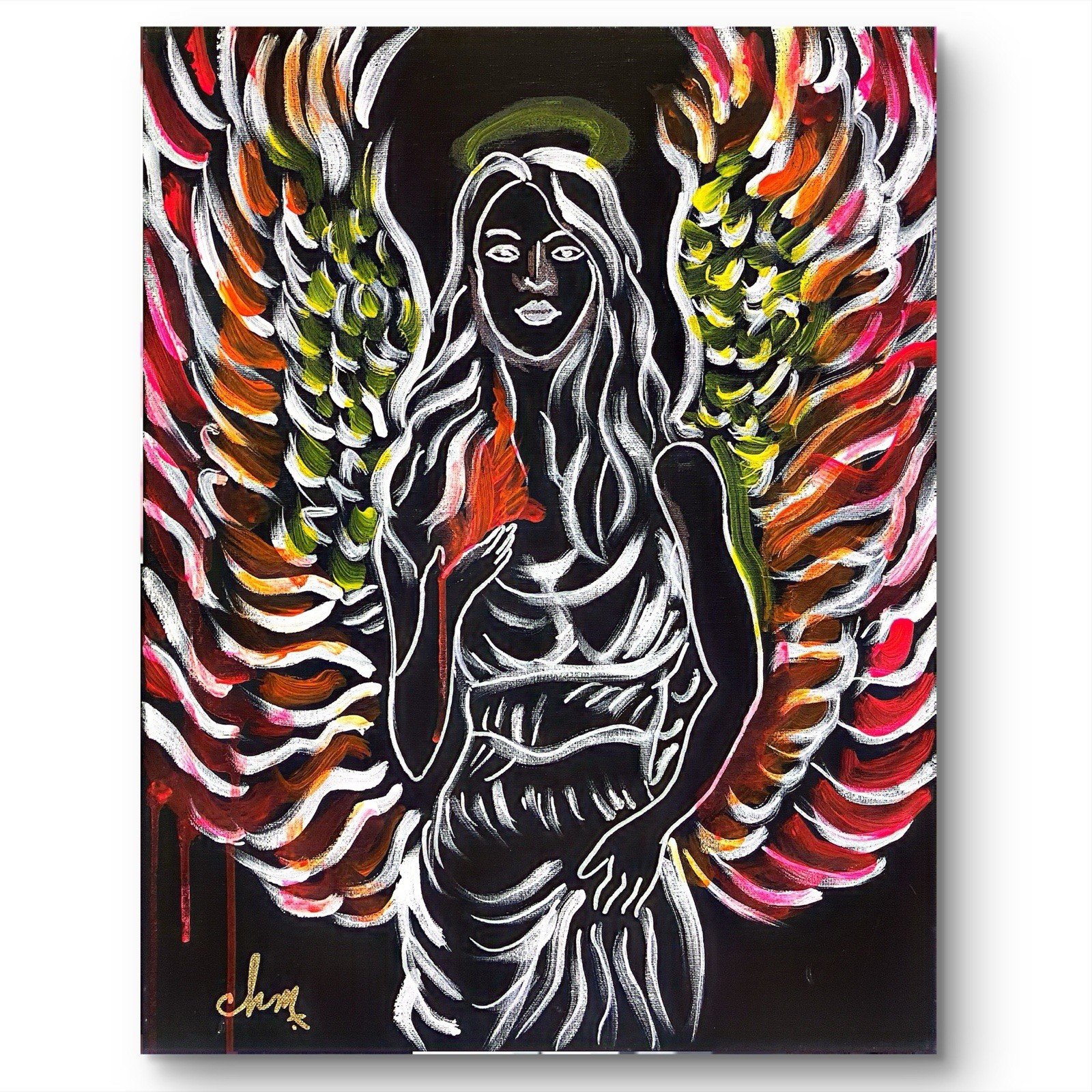 16 X 20 “Guardian Angel” Expressionism Colorful Abstract Art On Black Canvas