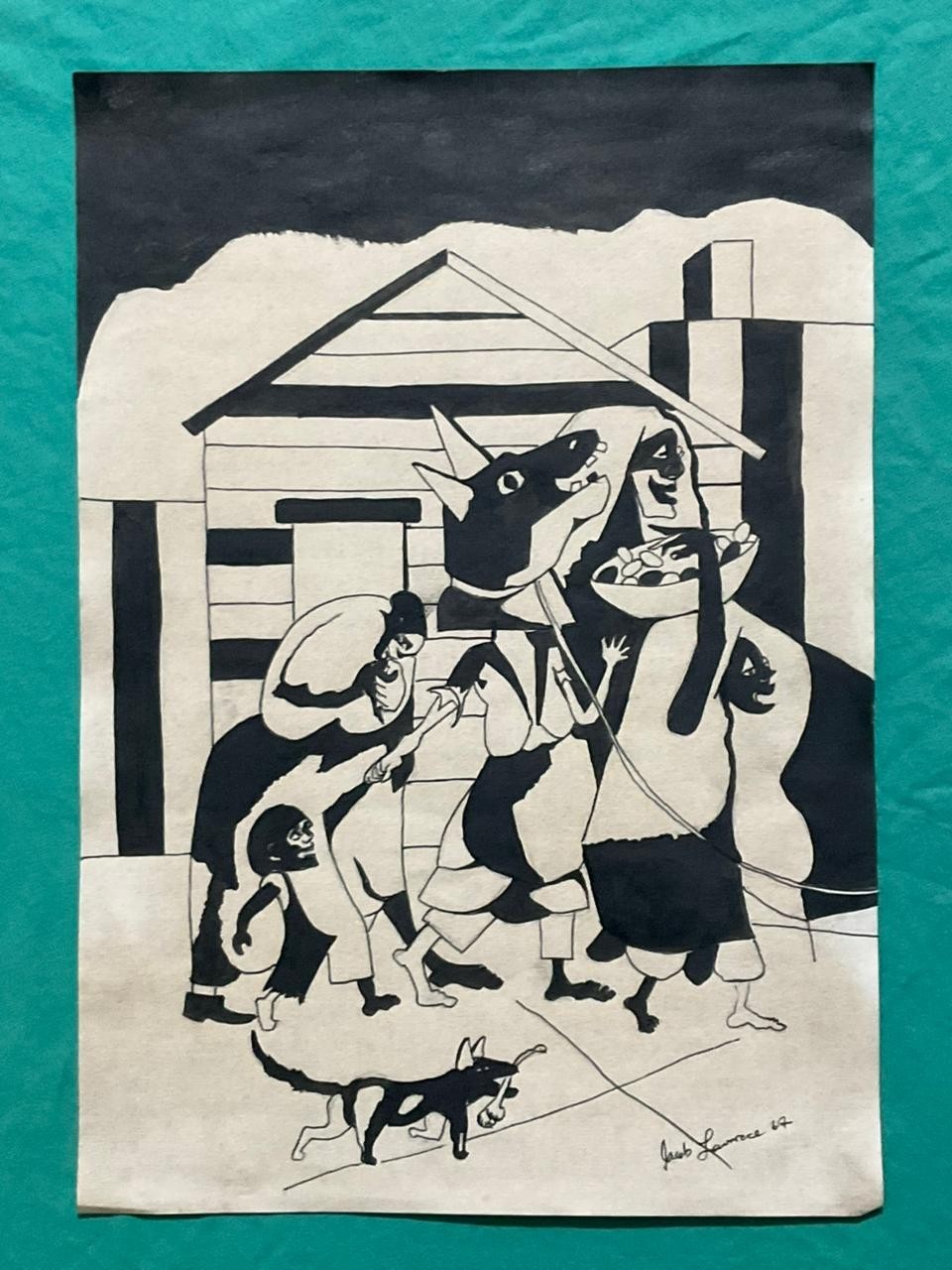 Jacob Lawrence drawing and painting on old paper signed stamped vintage