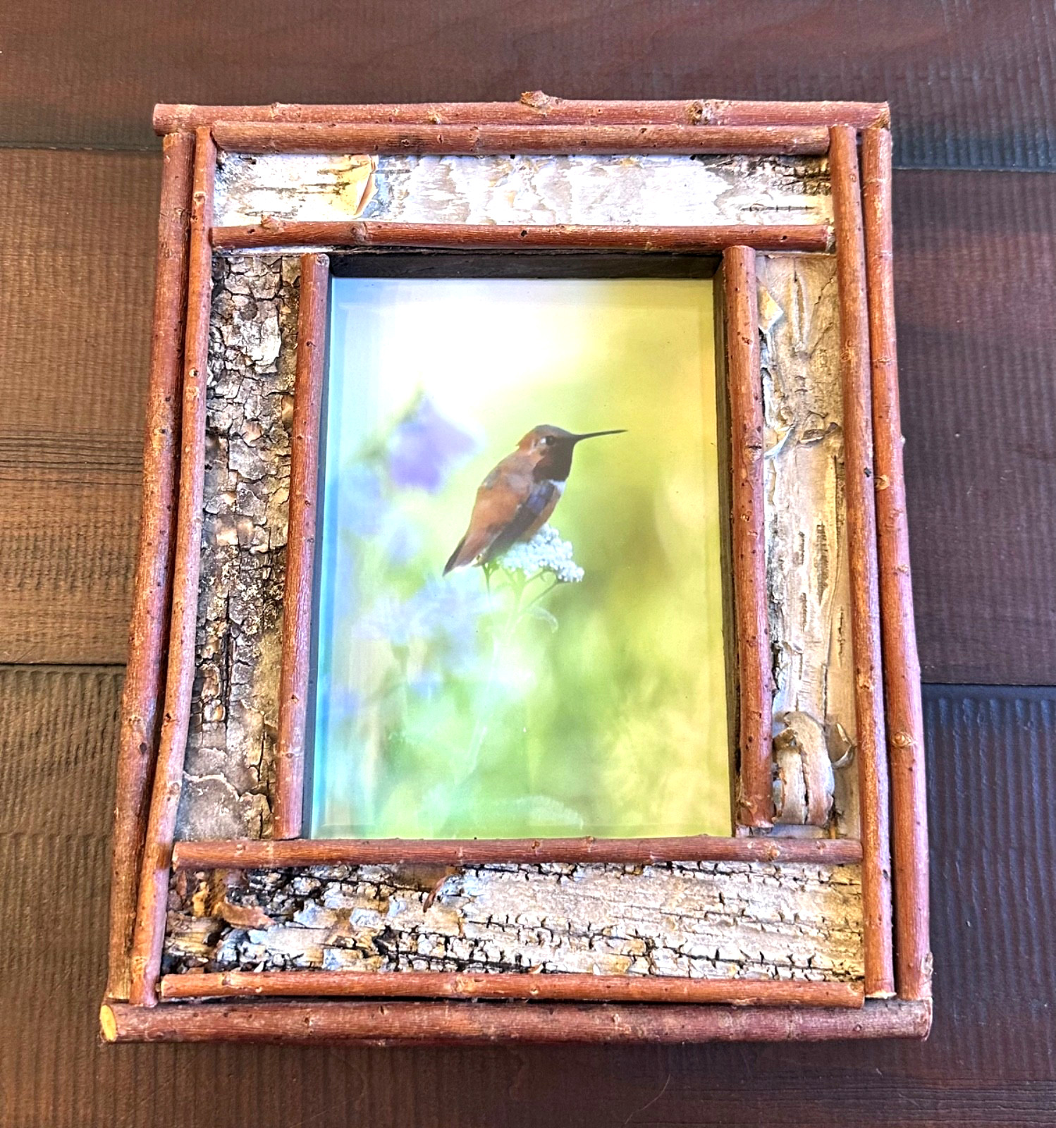 Hummingbird Print Art in Birch Bark Picture Frame Northwoods Rustic Adirondack