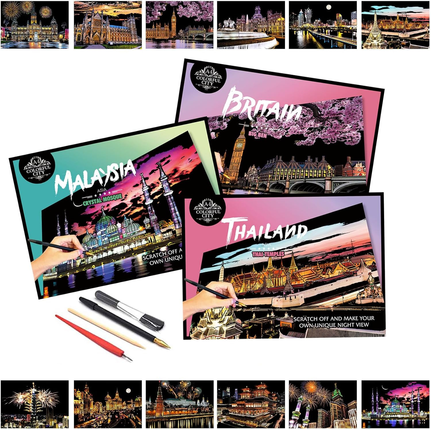 Glow in the Dark Scratch Art Paper，Engraved Landscape Scratch Painting Rainbow B