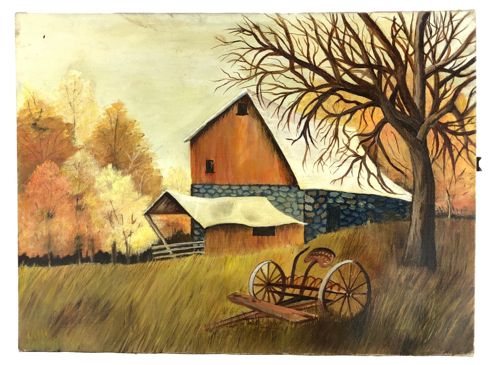 Naive Primitive Folk Art Painting Autumn Scene US Barn Farm Tractor Wagon
