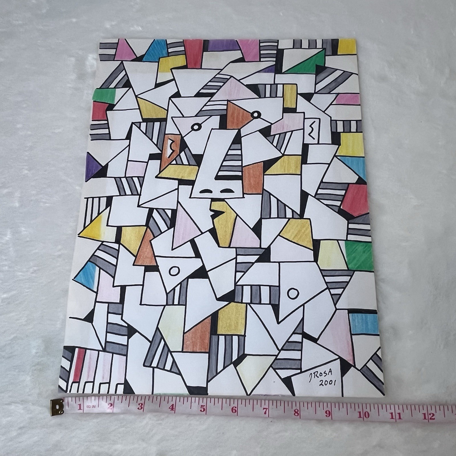 Cubist Style Abstract Portrait Drawing Signed John Rosa 2001 Original Art *READ*