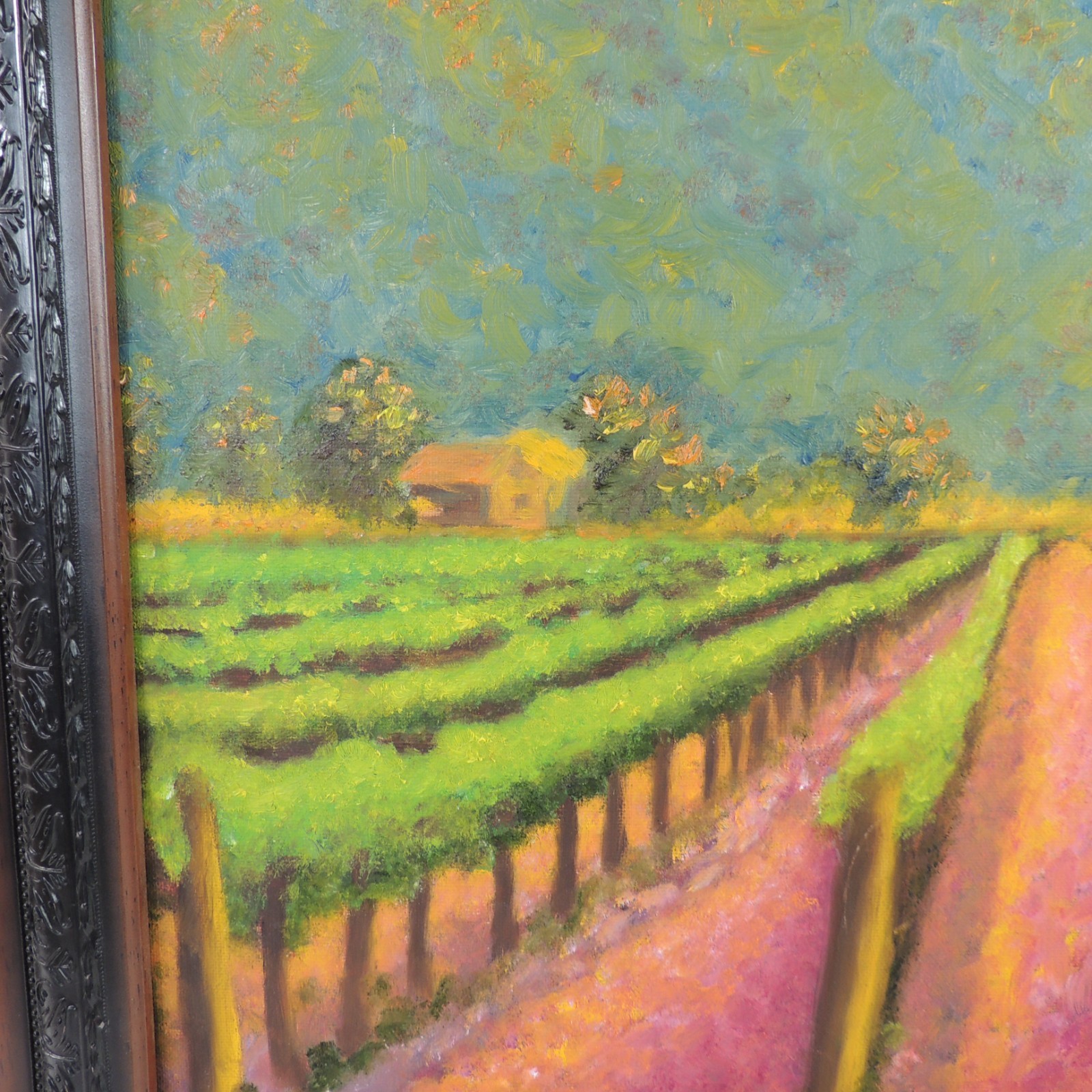 Original Painting Springtime Vineyard in the Foothills Brilliant Colors Framed