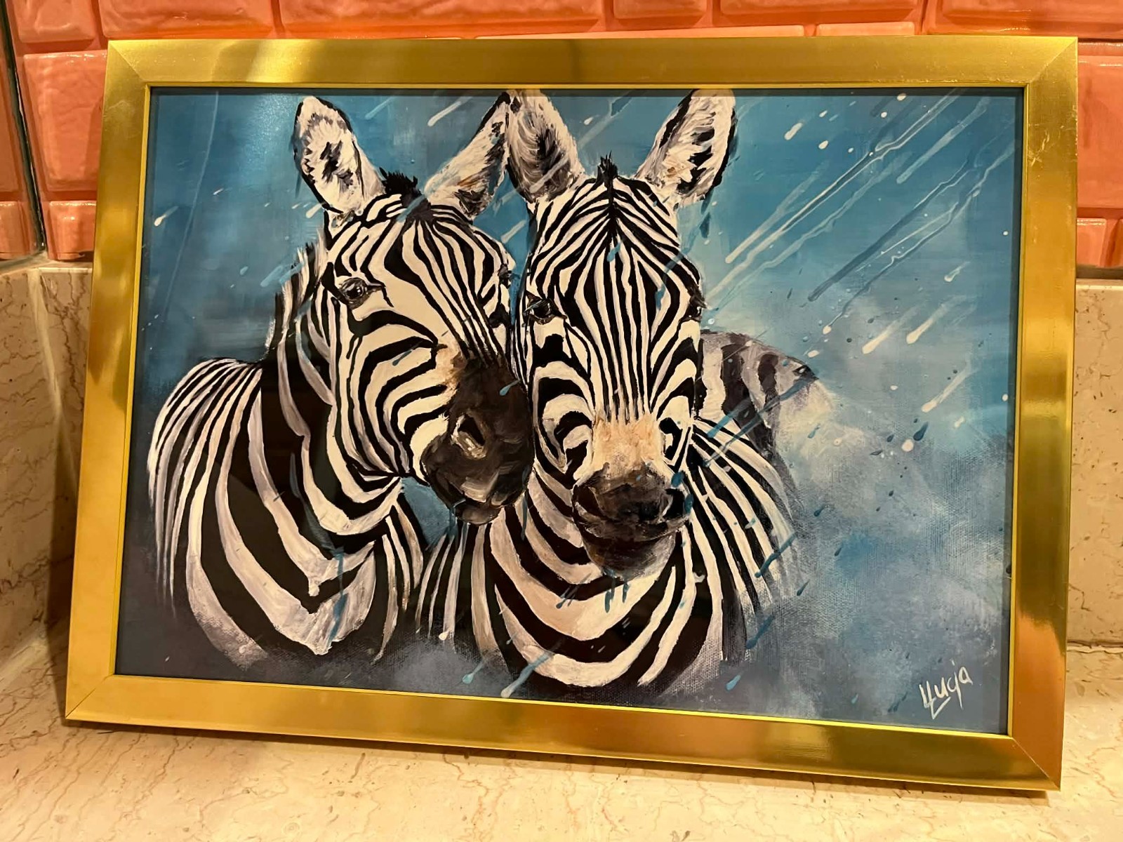 Framed zebra painting signed 12.5 x 9 in