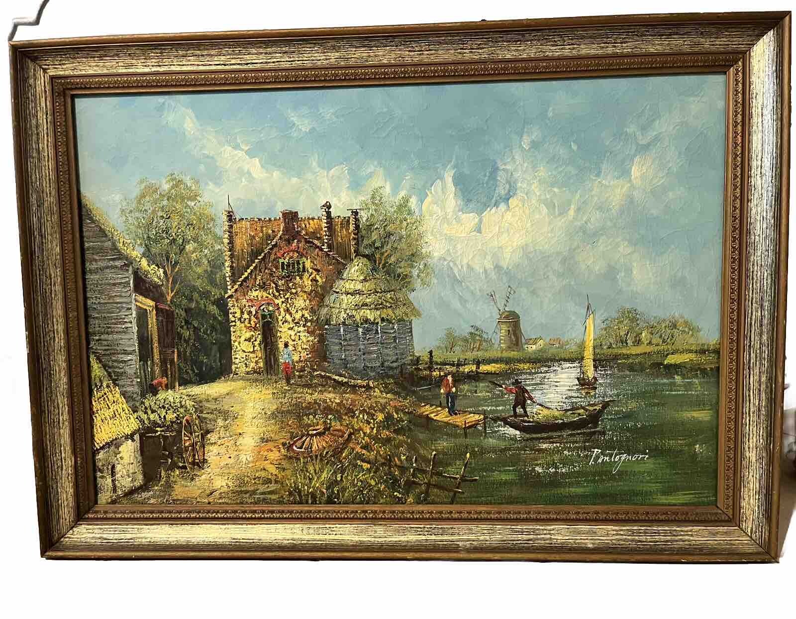VINTAGE ORIGINAL OIL PAINTING Country Scene WINDMILL FRAMED REALISM Pantagnori
