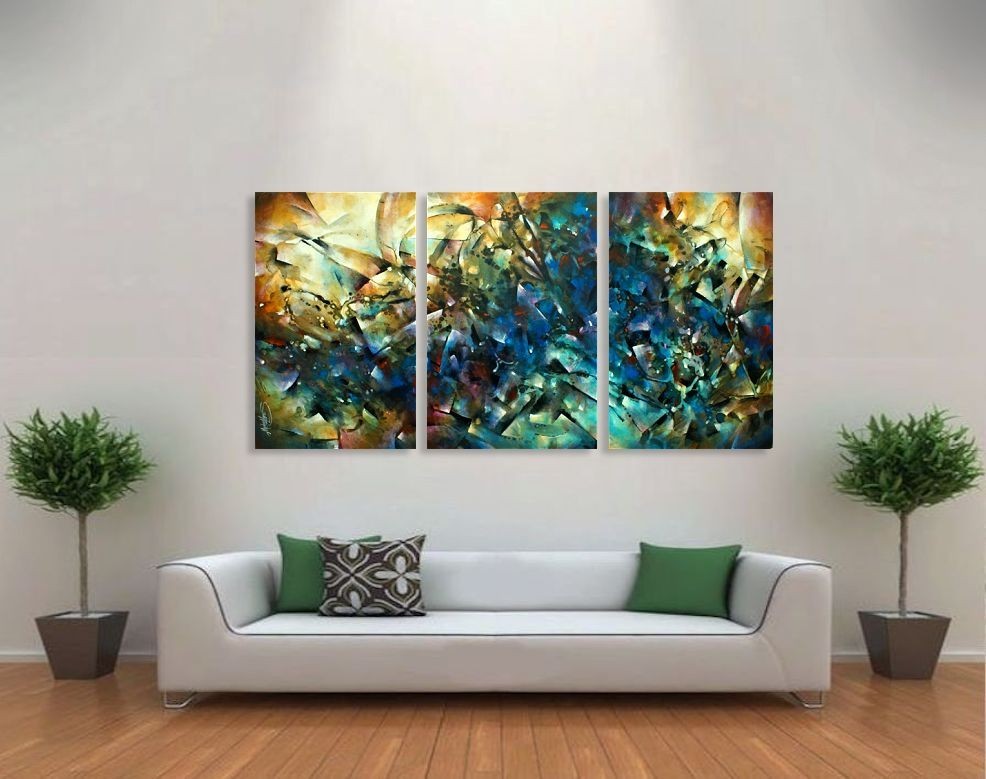 large painting multi-color3-piece Mike Lang original art home decor blue earthto