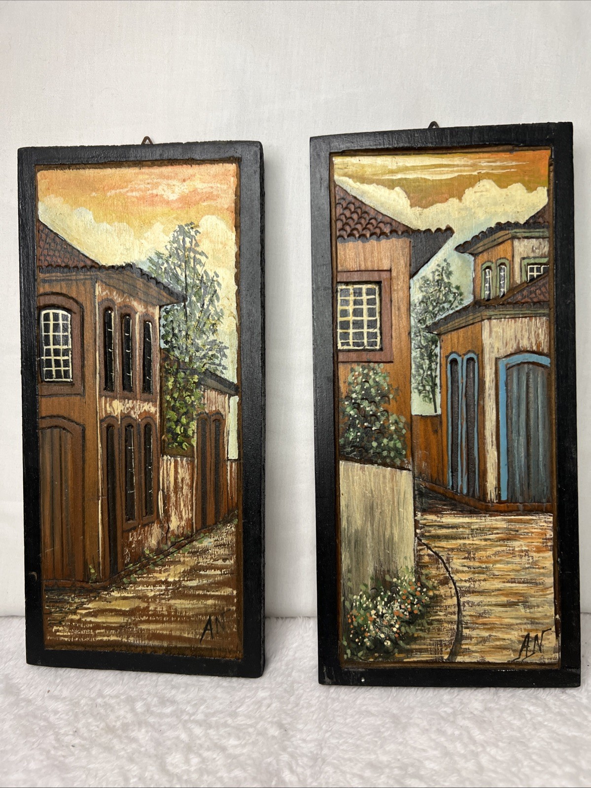 Lot 2 Pr 3D MCM Architecture Facade Painting High Relief Carved Wood Streetscape