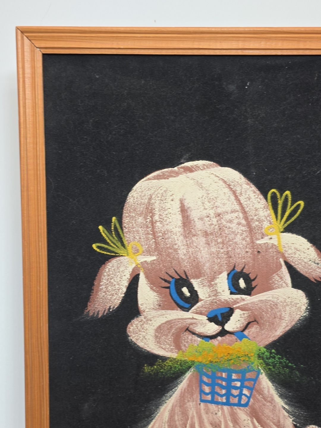 Vintage Velvet Painting Frame Dog Pink Poodle Kitsch Basket & Bow’s 70s Retro