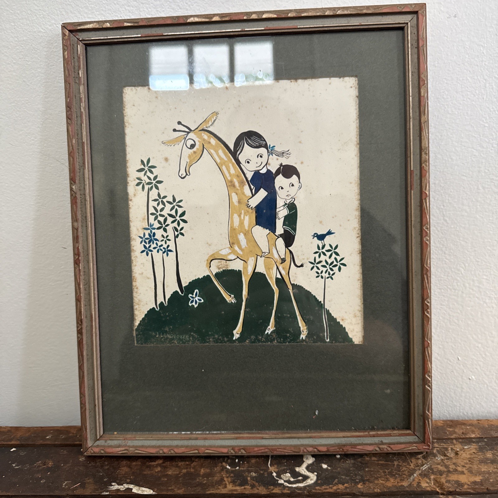 Vintage Giraffe And Children Lithograph Zoo Boy Girl Signed Framed Child Decor