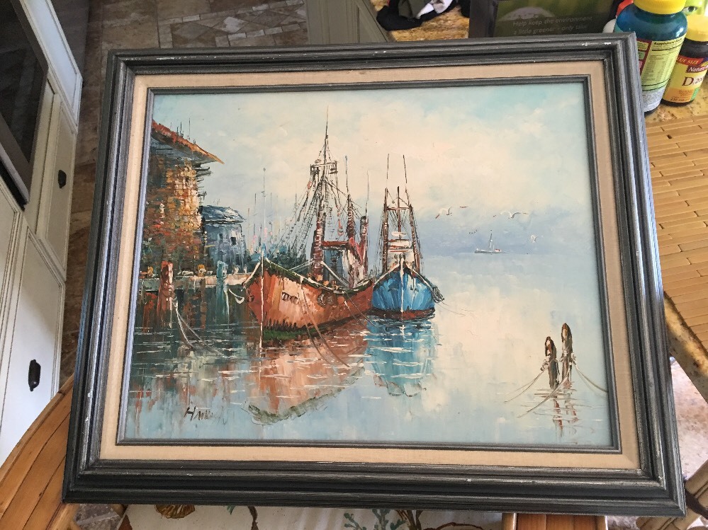 Vintage Estate Original Oil Painting Palette Knife Fishing Boats At Port Signed