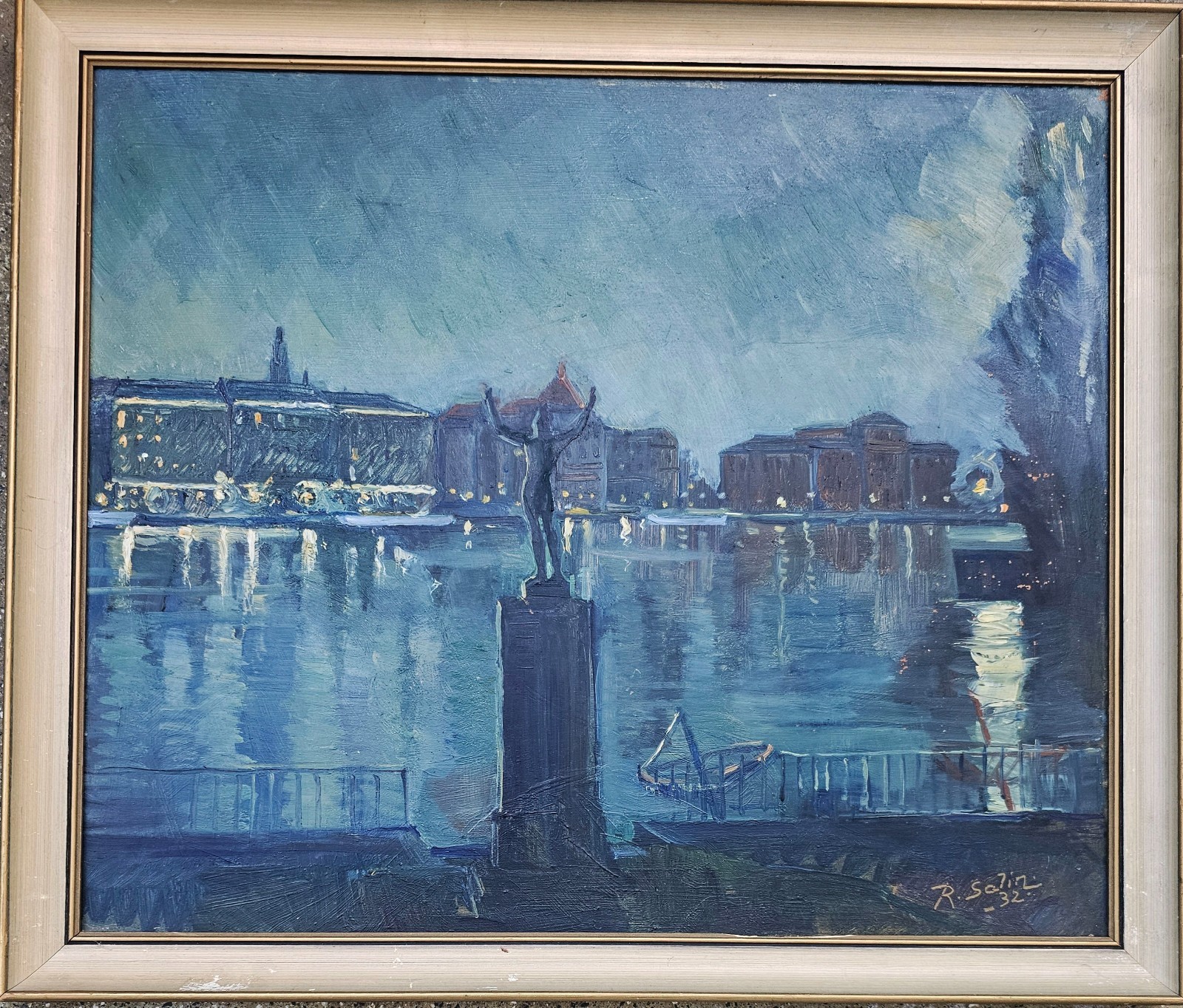 SCANDINAVIAN OIL PAINTING CITYSCAPE NORDIC EVENING SCENE SIGNED DATED 1932