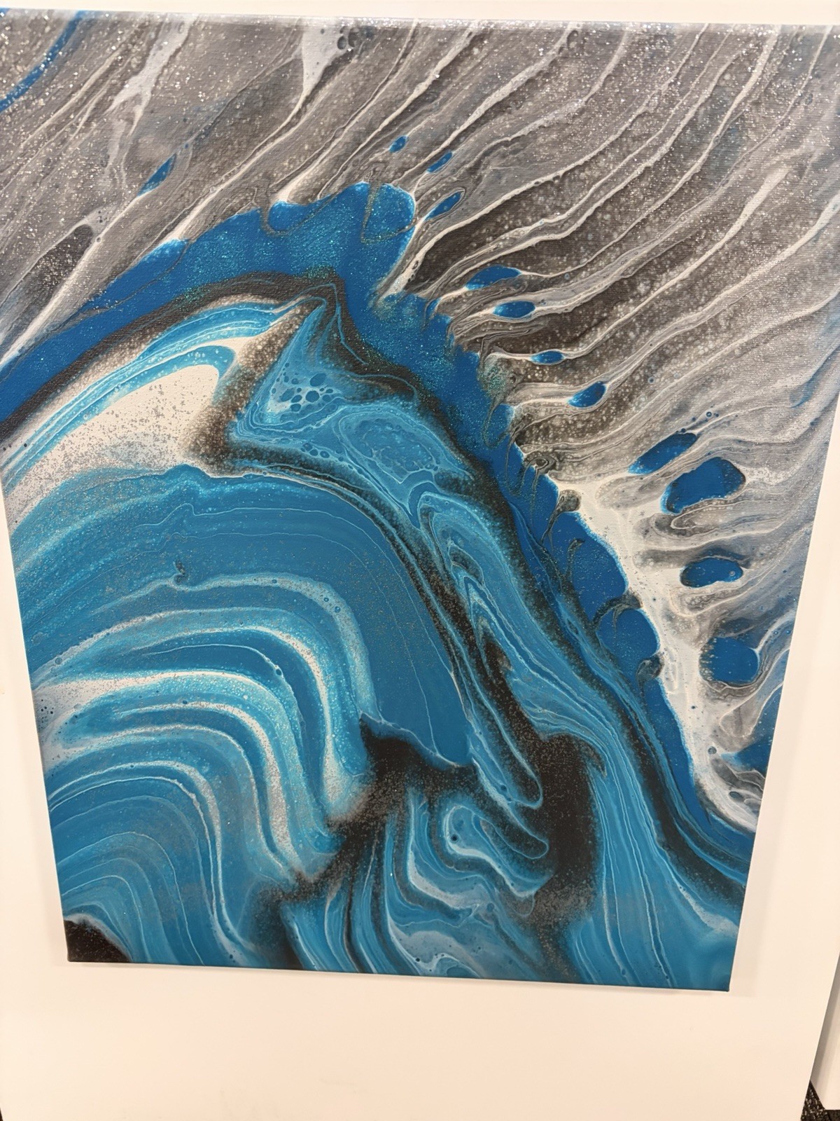Abstract Fluid Acrylic Pour Painting – Blue Gray White Unframed Art