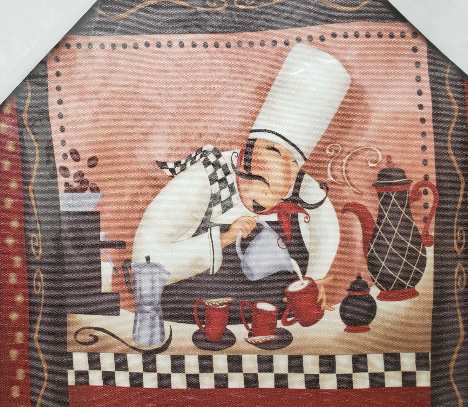1 KITCHEN CANVAS WALL FRAME,approx. 10″x12″,FAT CHEF POURING MILK IN COFFEE CUPS