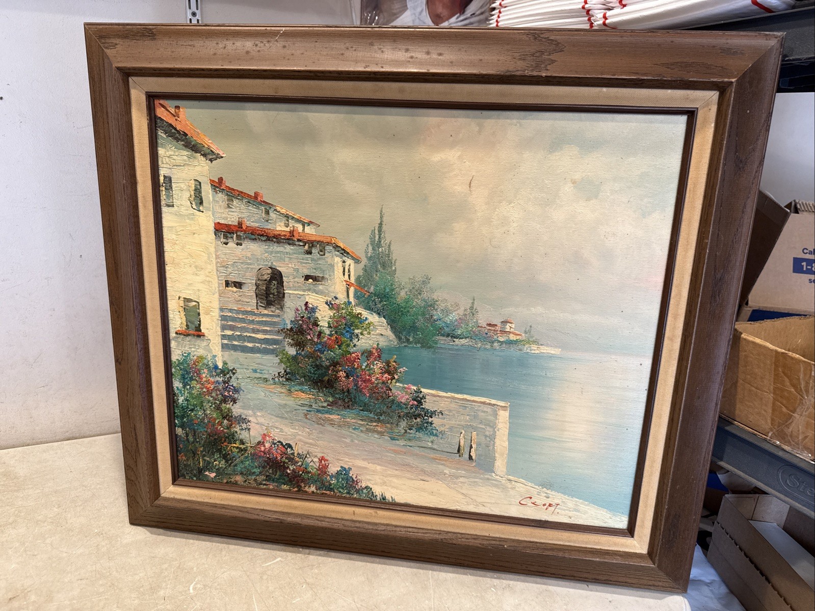 Large 31×27” Framed Real Signed Oil Painting Harbor Port Italy Sea Ocean Village