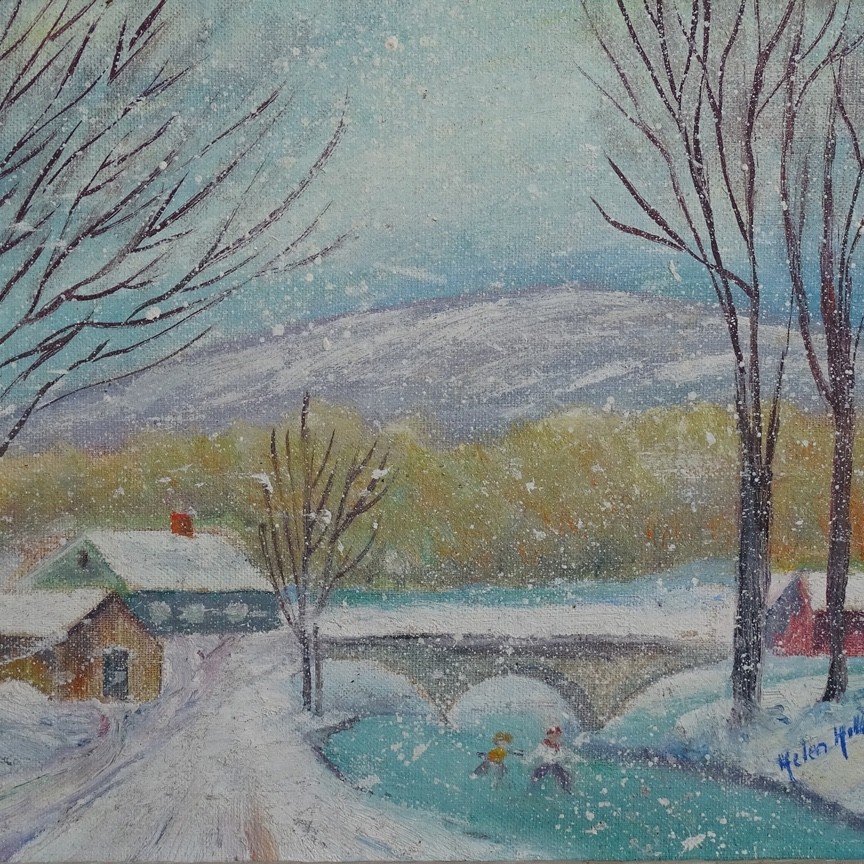 Vintage Naive Winter Landscape Oil Painting Snow Day with Ice Skaters 13.5×11.5