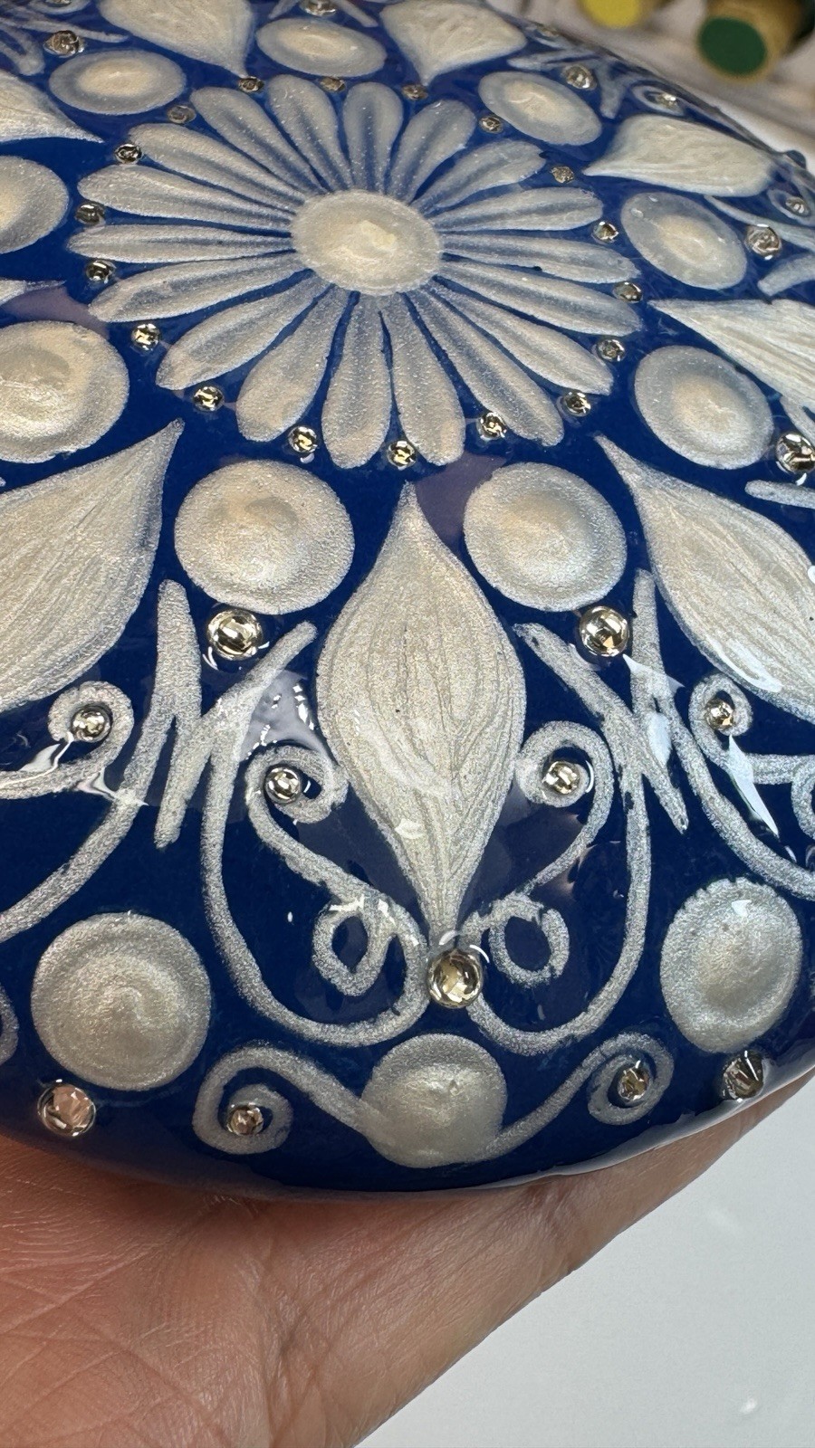 Distressed Blue And Pearl Mandala – Hand Painted Handmade Stone – By JaDeL