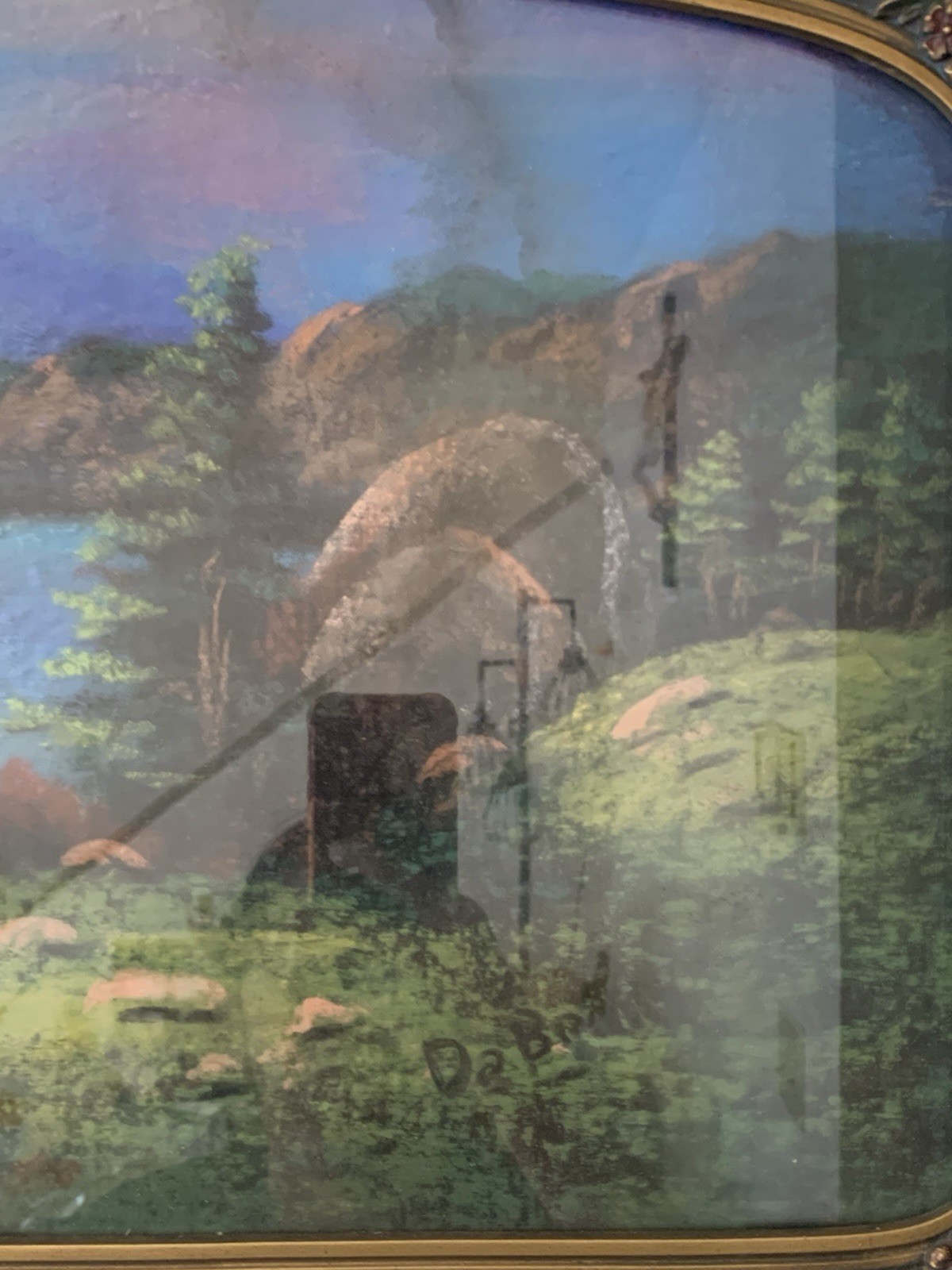 Antique Original Pastel Painting On Cardboard Landscape Mountain Lake Signed