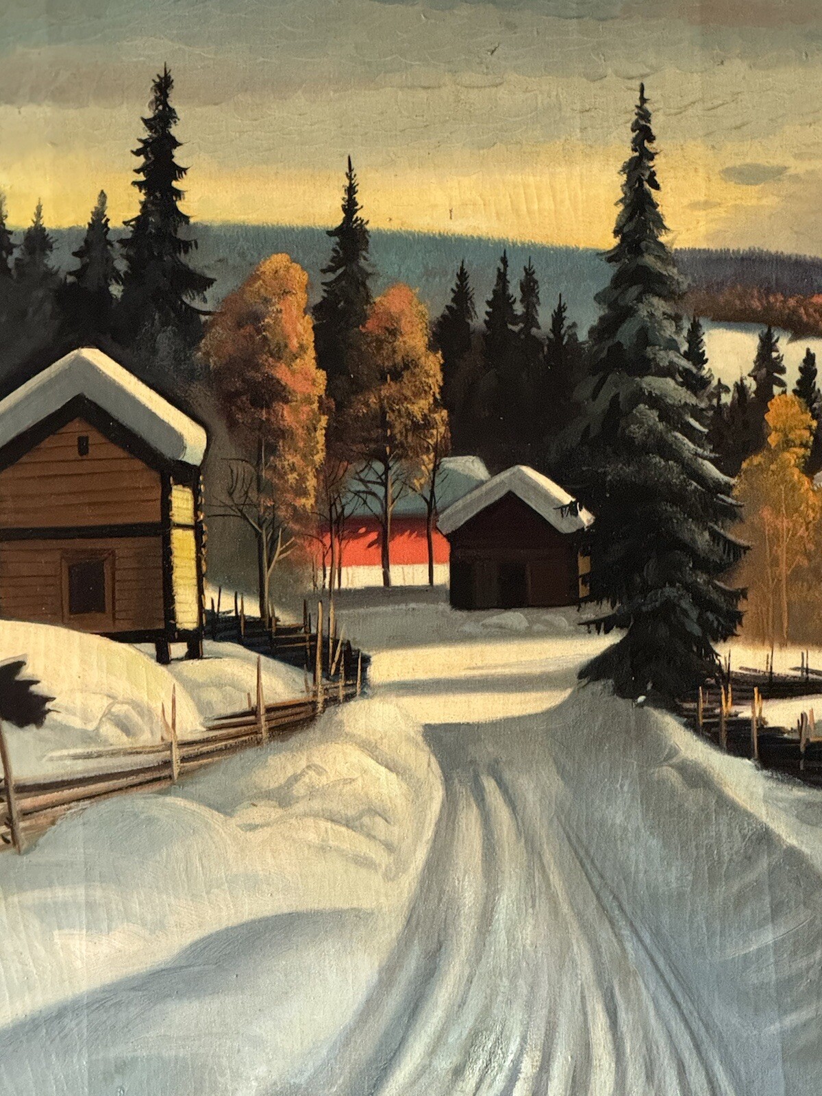 ANTIQUE SWEDISH PLEIN AIR LANDSCAPE OIL PAINTING OLD WINTER SNOW SCANDINAVIAN 35