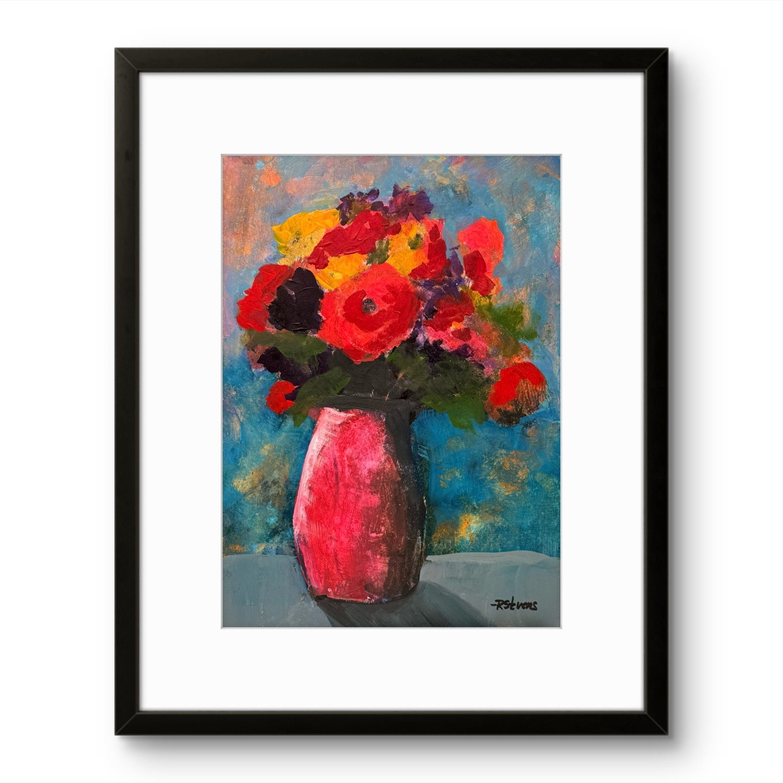 Modern Floral Still Life Painting 9×12 Original Acrylic Red Yellow Flower Art