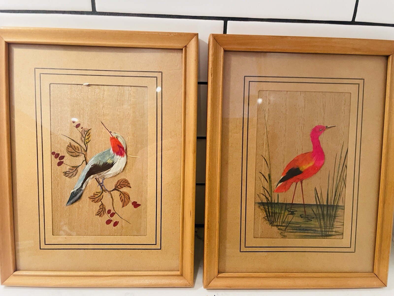 Beautiful Pair Of Wood Framed Feathercraft Bird Paintings 6.5” X 8.5” Set Of 2