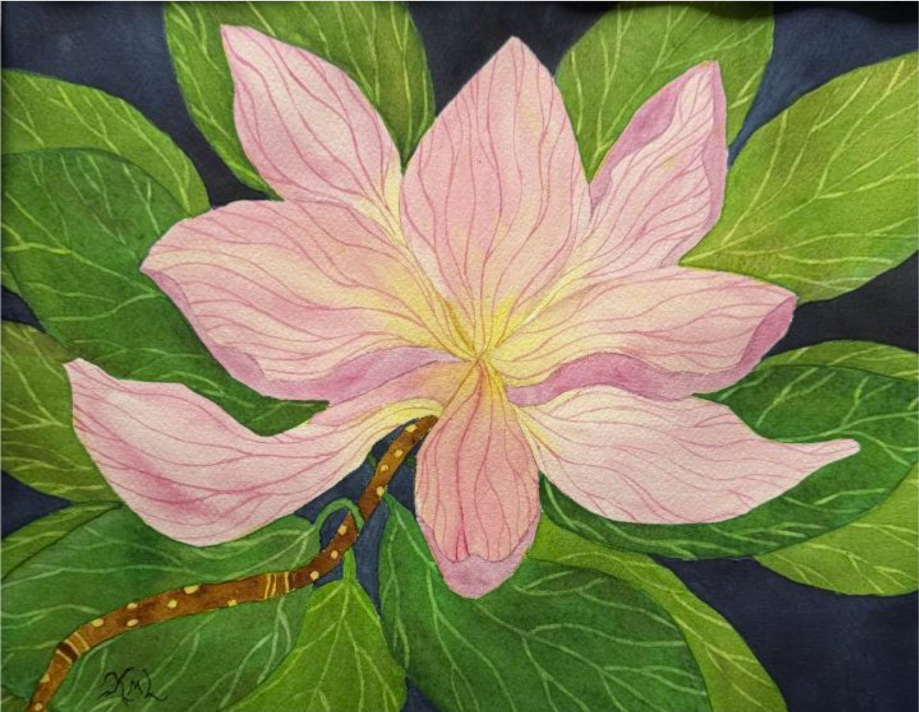 PAINTING WATERCOLOR 11X14 & WHITE MAT 16X20 FLOWER MAGNOLIA PINK YELLOW LAVENDER