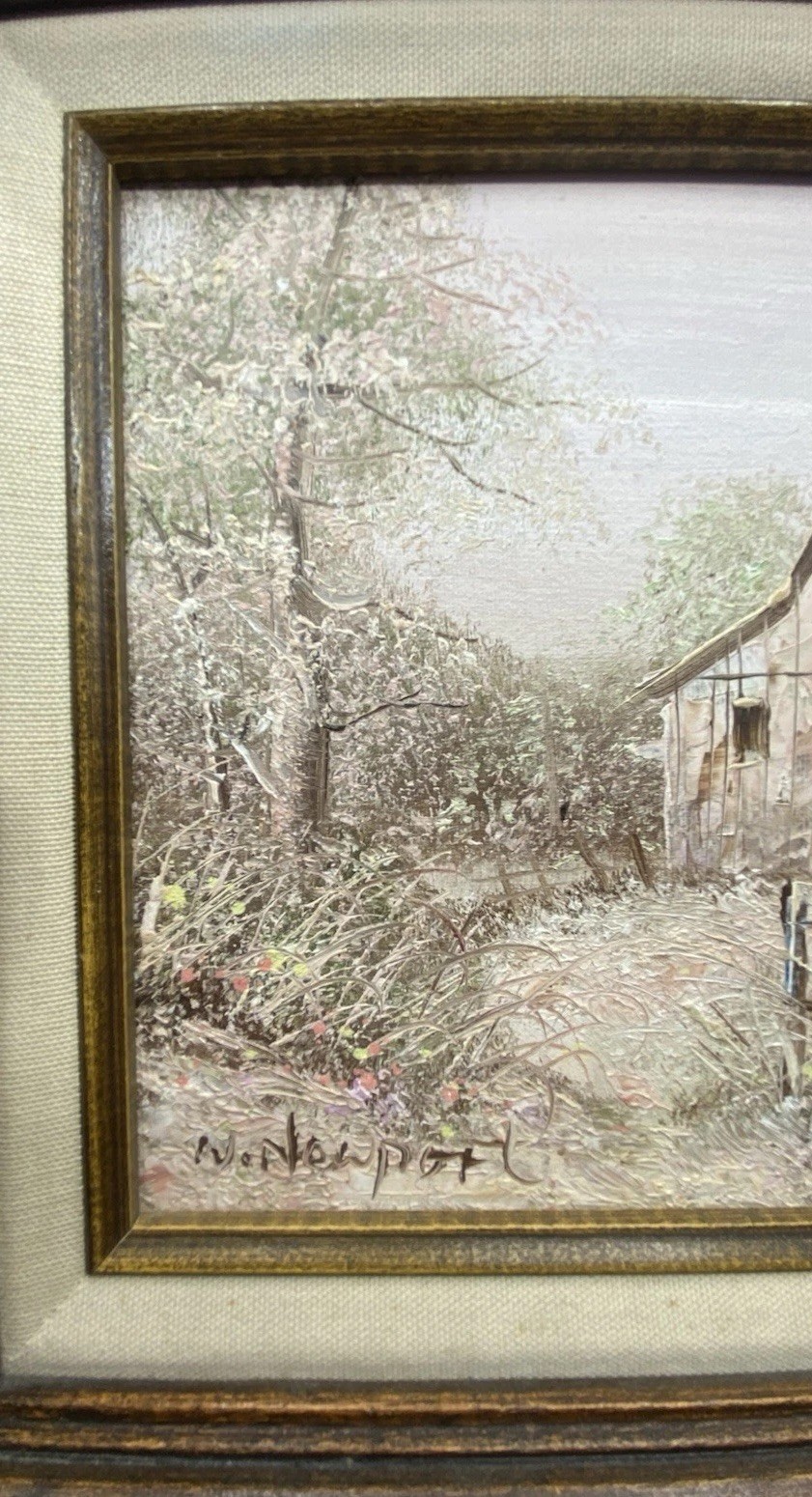 Vintage William Newport Barn Oil Painting Signed Landscape Linen Frame