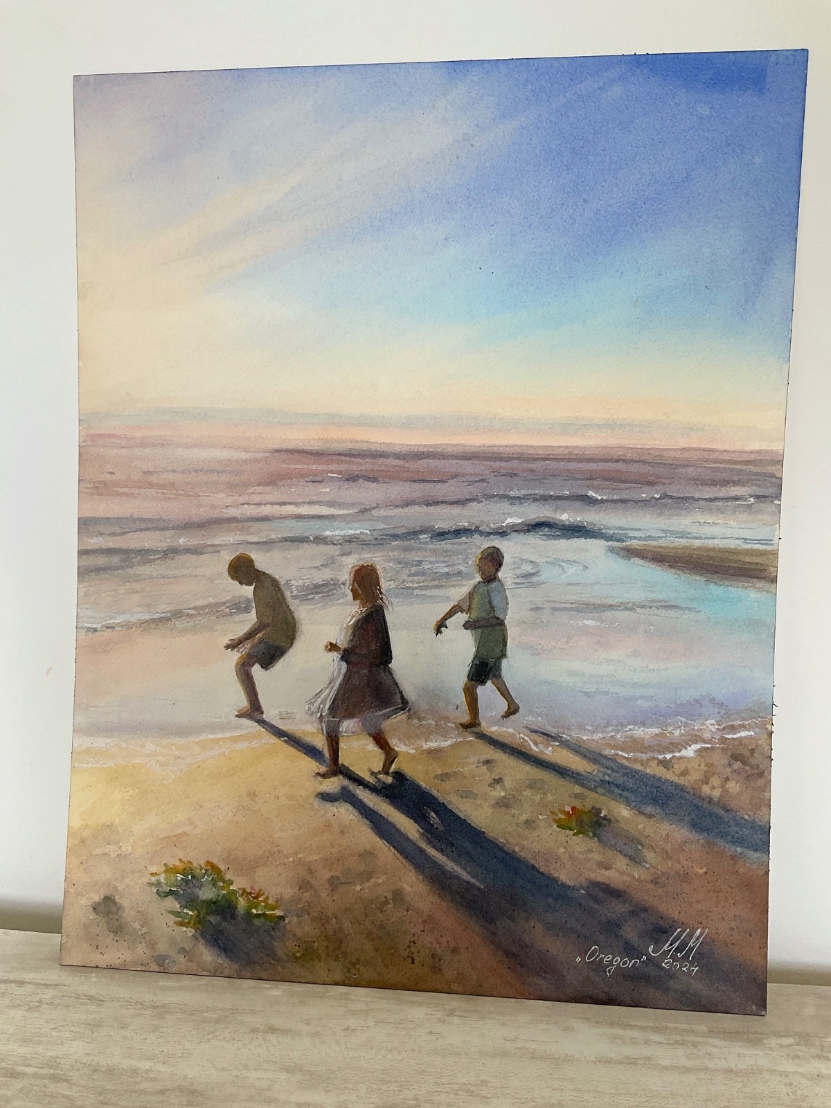 “Children at Sunset – Oregon Coast” – Original Watercolor Painting 11×14 in