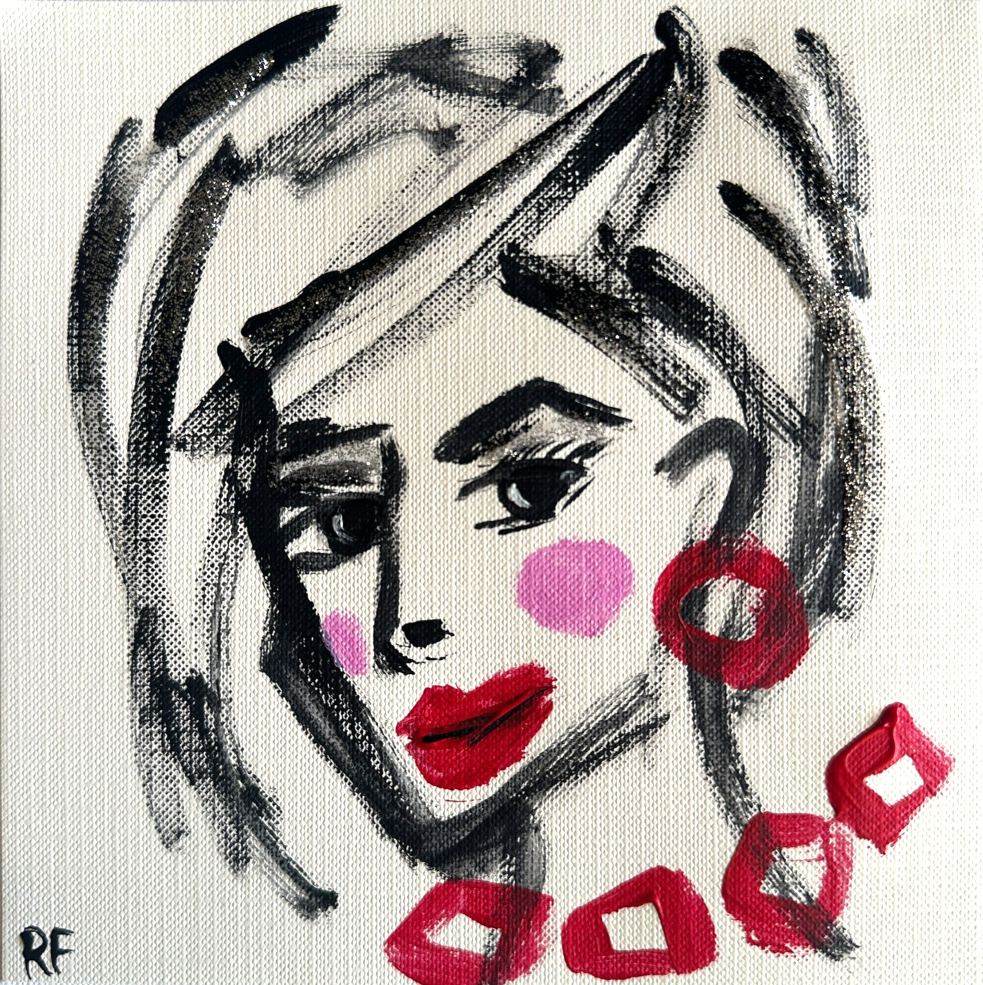 Original Woman Portrait Painting Short Hair Bold Jewelry Modern Face Art 6×6