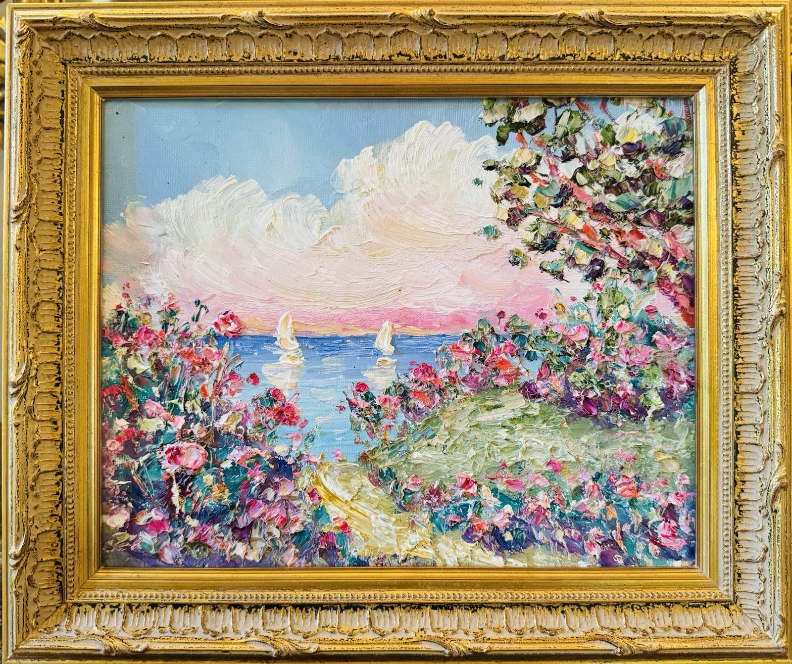 Vintage KADLIC Original Oil Painting Seascape Impasto Gold Gilt Wood Frame 12”