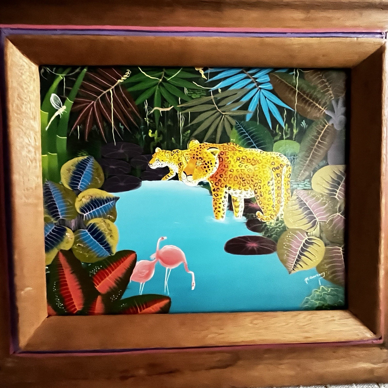 Myrthil Folk Art Painting Tropical Jungle Leopard Folk Surrealist Scene Framed
